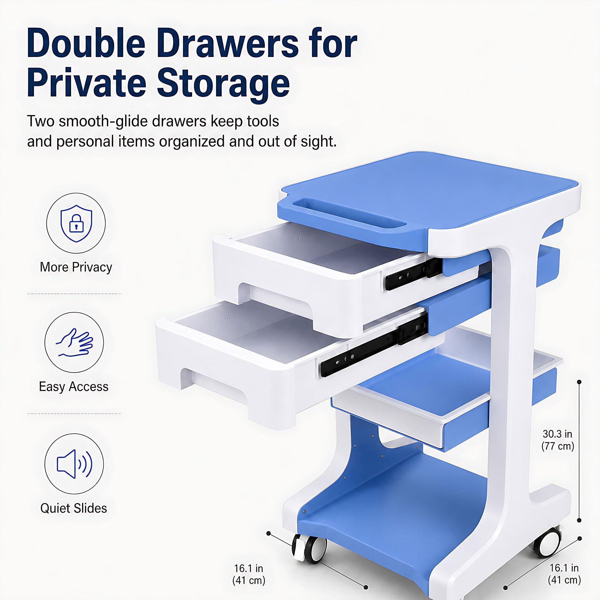 Carrito laboratorio 3 pisos 2 cajones, 50 kg, frenos, para estética Blue | Diseño compacto que ahorra espacio. Ideal para hospitales, clínicas, centros de estética, peluquerías y laboratorios.