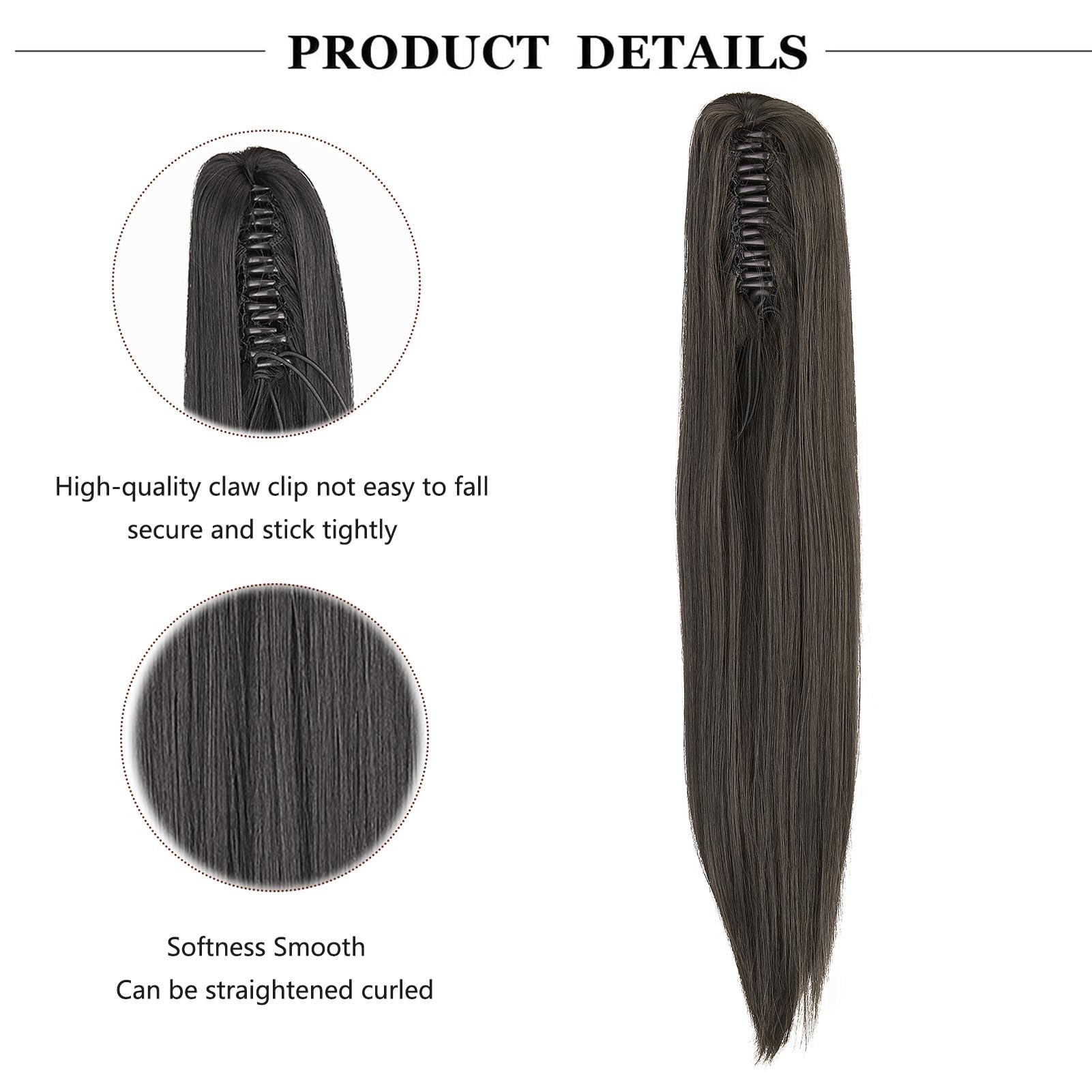 Cybelleza 20inch Ponytail Hair Extensions Straight Ponytail Claw Jaw on Long Straight Pony Tails Clip in Hair Extensions Synthetic Hair pieces for Women Dark Brown - Image 2