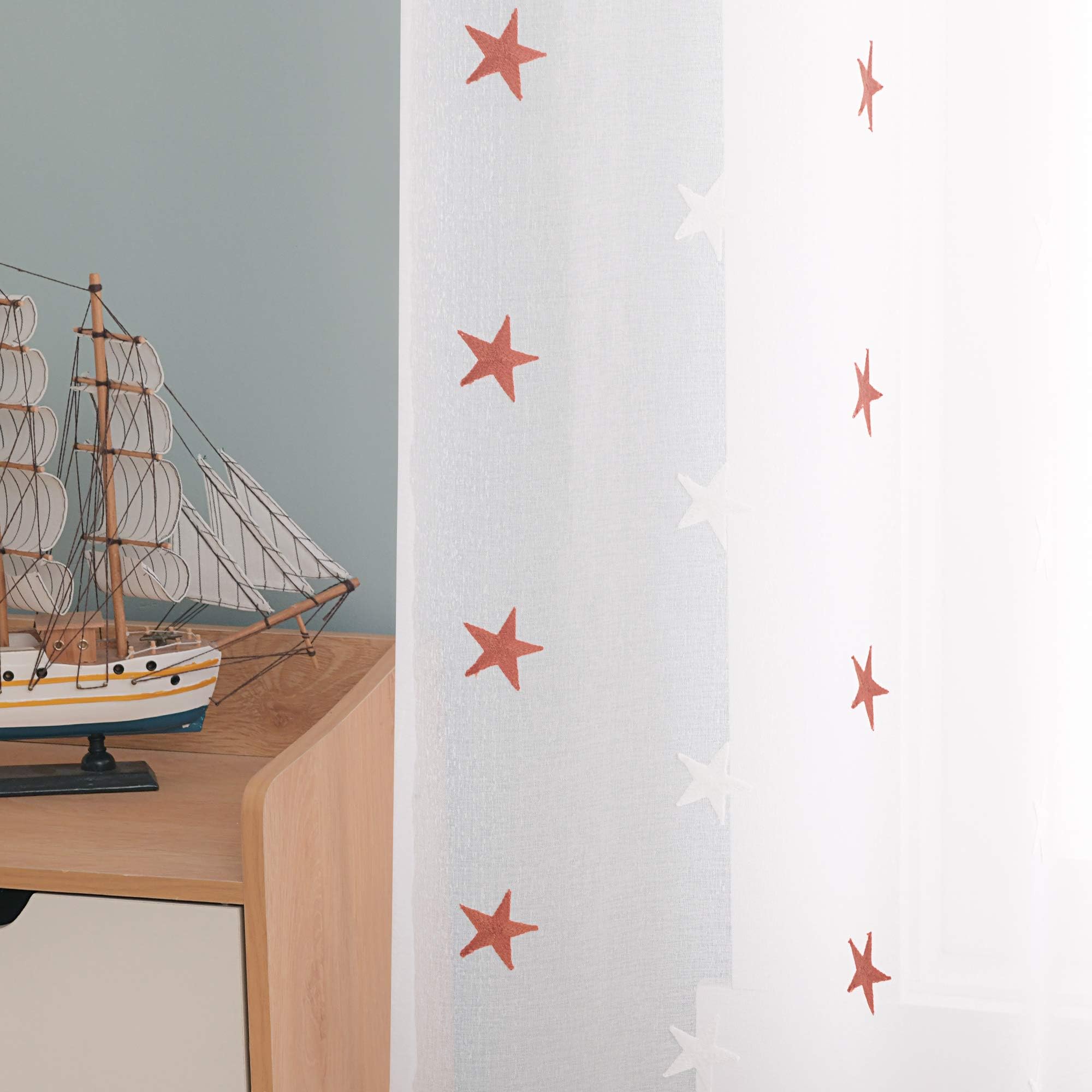 Deconovo Top Ring Star Embroidery Net Curtains Semi Transparent Curtains Faux Linen Sheer Curtains for Living Room 55 x94 Drop Inch Orange 2 Panels - Image 2