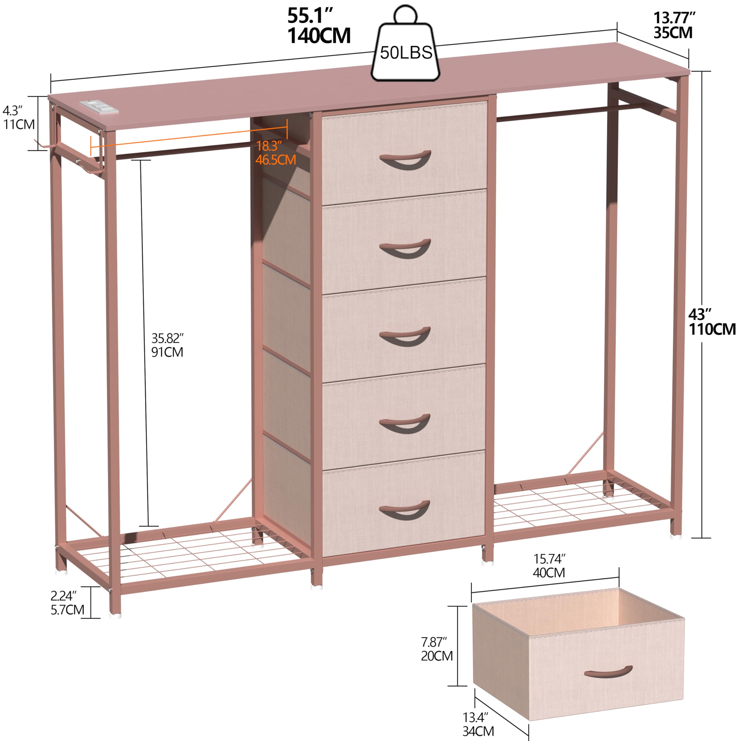 Cómoda para dormitorio con perchero, cómoda de 5 cajones con estación de carga, luces LED, cómoda blanca, estante flexible y espacio de almacenamiento abierto para dormitorio, sala de estar 6