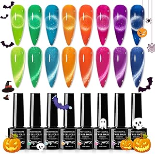 SUPWEE 8PCS Colorful Cat Eye Gel Polish Set Bright Yellow Green Pink Neon Crystal Cat Eye Nail Polish Gel Magnetic Gel Polish Varnish Soak Off UV/LED Gel for Nail Salon DIY at Home 8 Colors 7ML(0.24FL OZ)