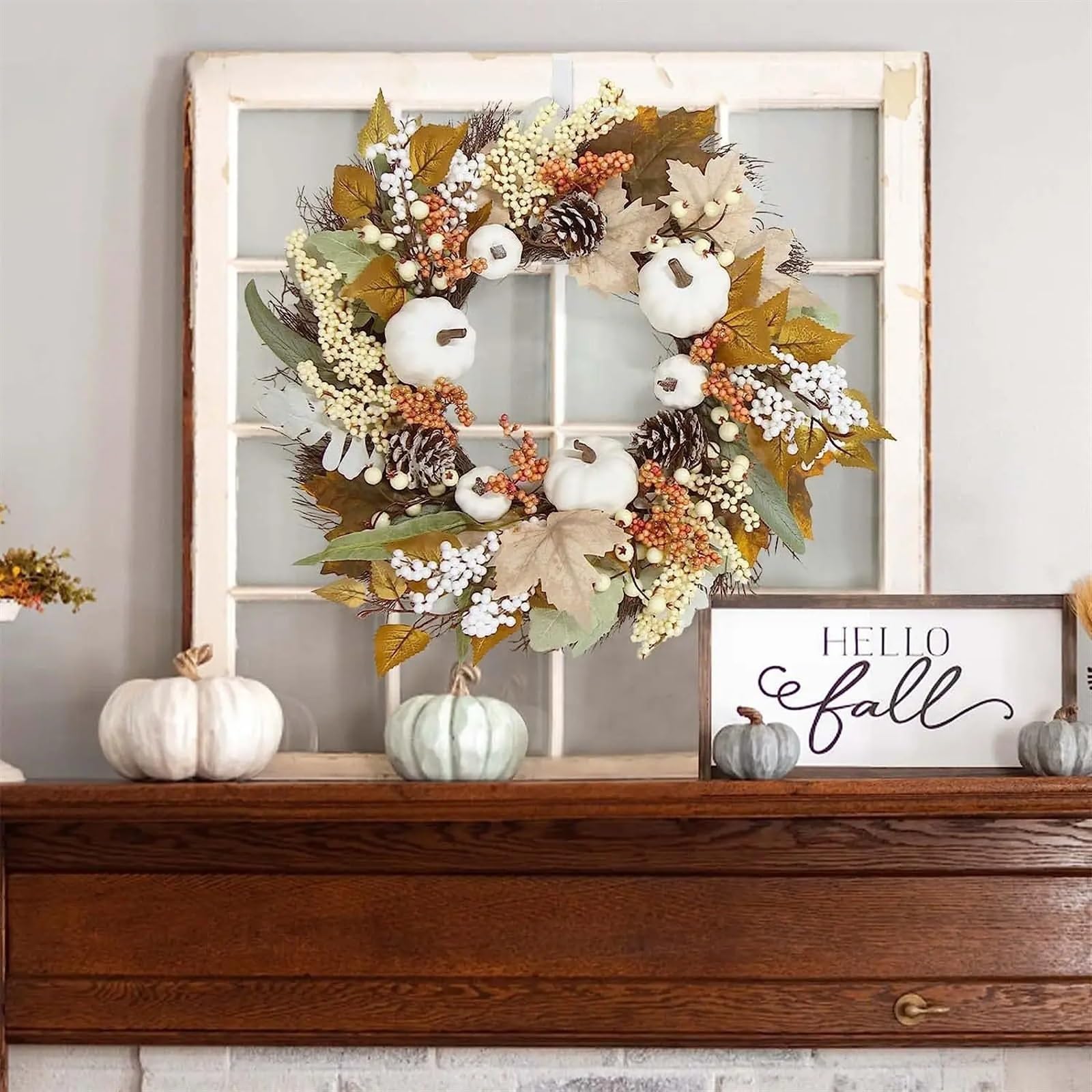 Herbstkranz Herbst Weißer Kürbis Kranz Thanksgiving Dekoration Ahornblatt for Haustür Hängen Indoor Outdoor Wand Wohnkultur(B,50CM)