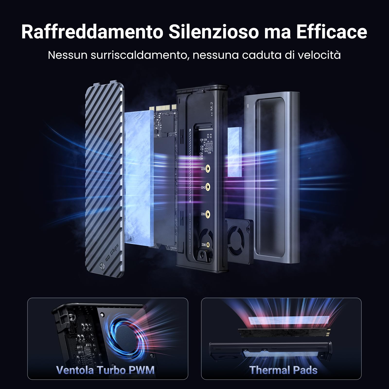 UGREEN Alloggiamento SSD M.2 NVMe, Enclosure NVMe da 40 Gbps con USB4, [guscio in alluminio Lager e ventola PWM], supporto UASP e TRIM, alloggiamento M.2 compatibile con chiavi M & M+b e dimensioni in