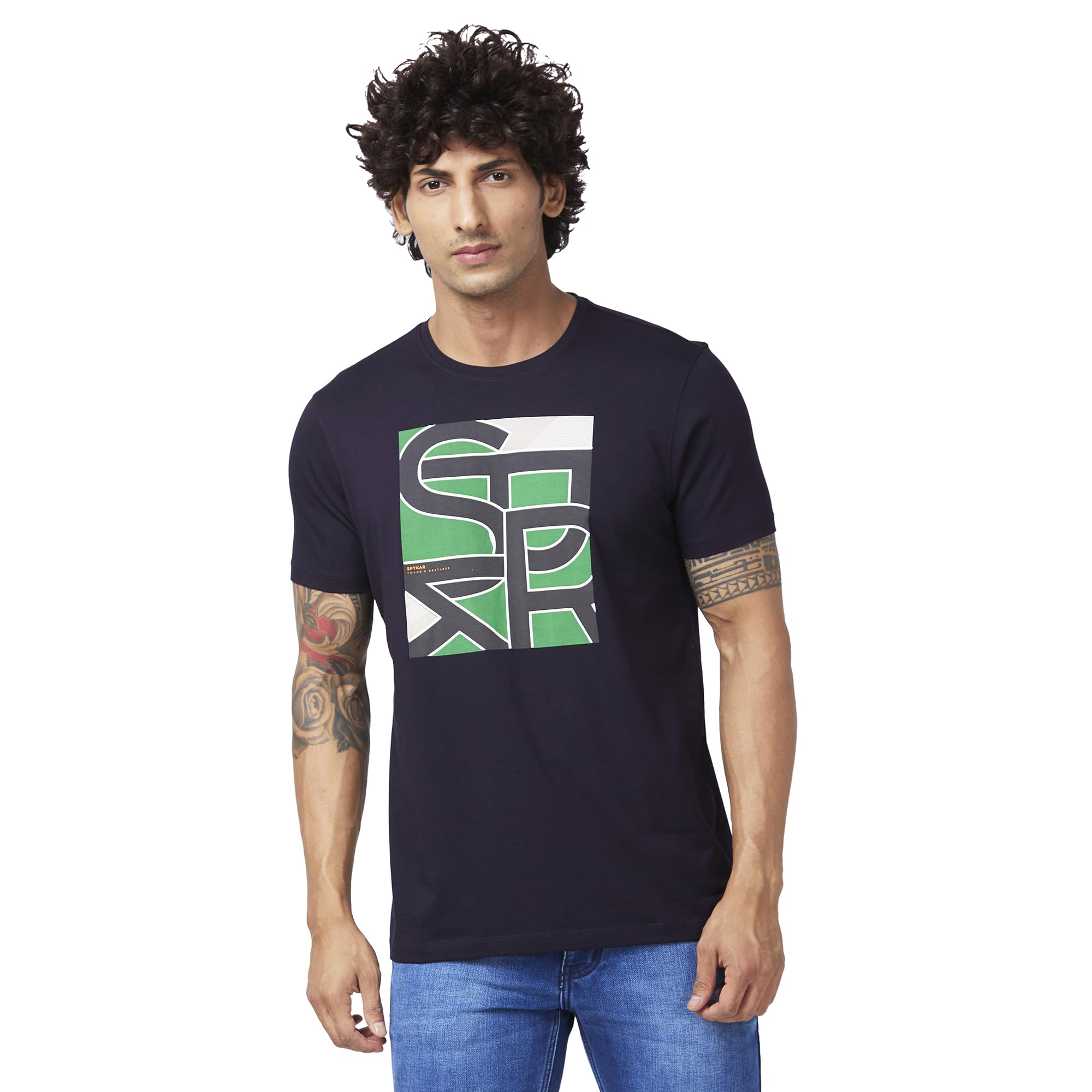 Spykar Men Navy Blue Blended Slim Fit Half Sleeve Round Neck Casual Printed Shirt