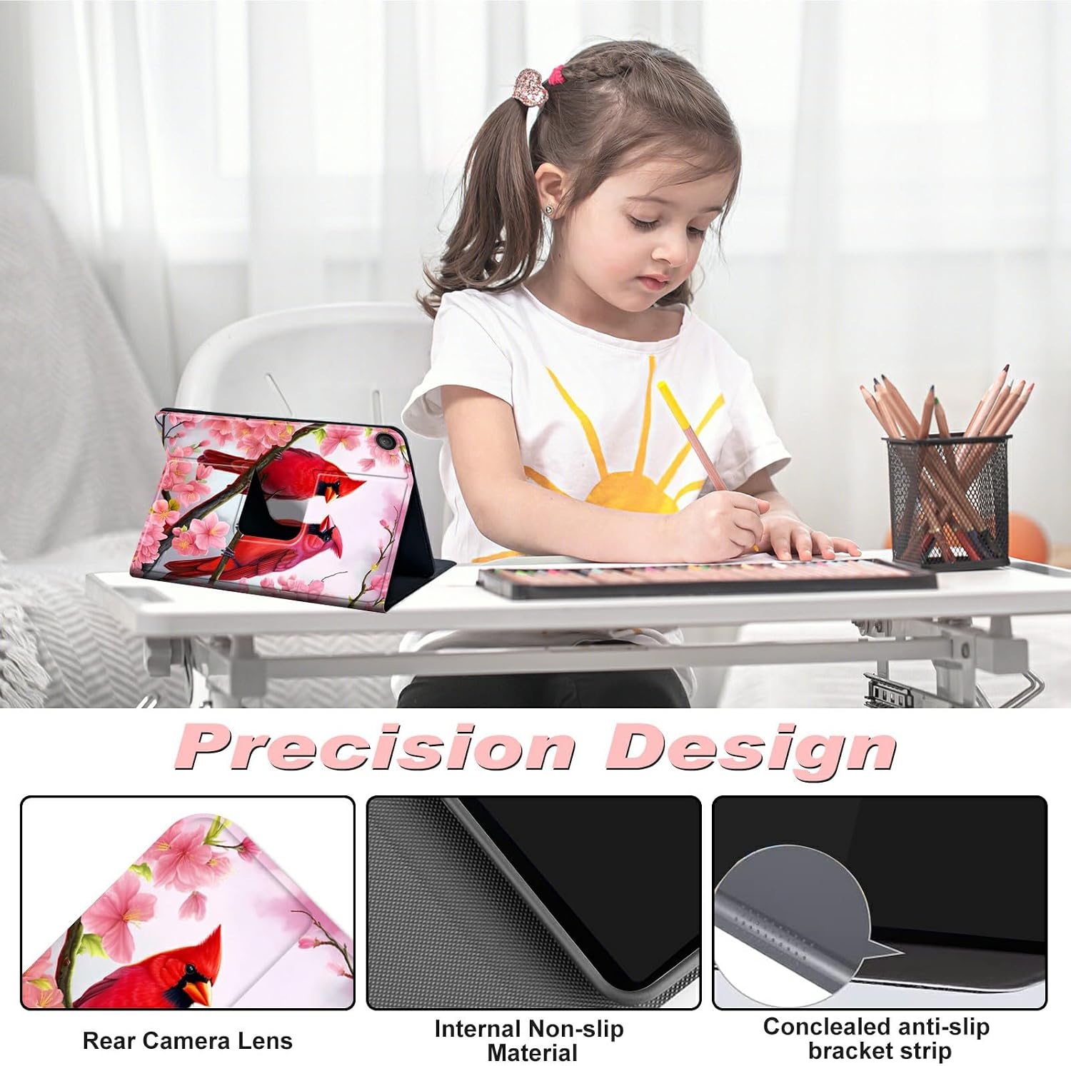 Case for iPad 9.7 Inch iPad 6th/5th Generation Case 2018 2017(Model: A1893 A1954 A1822 A1823),Slim Lightweight Smart Shell Stand Cover for iPad 9.7 Inch 2018/2017,Red Birds Pink Flowers