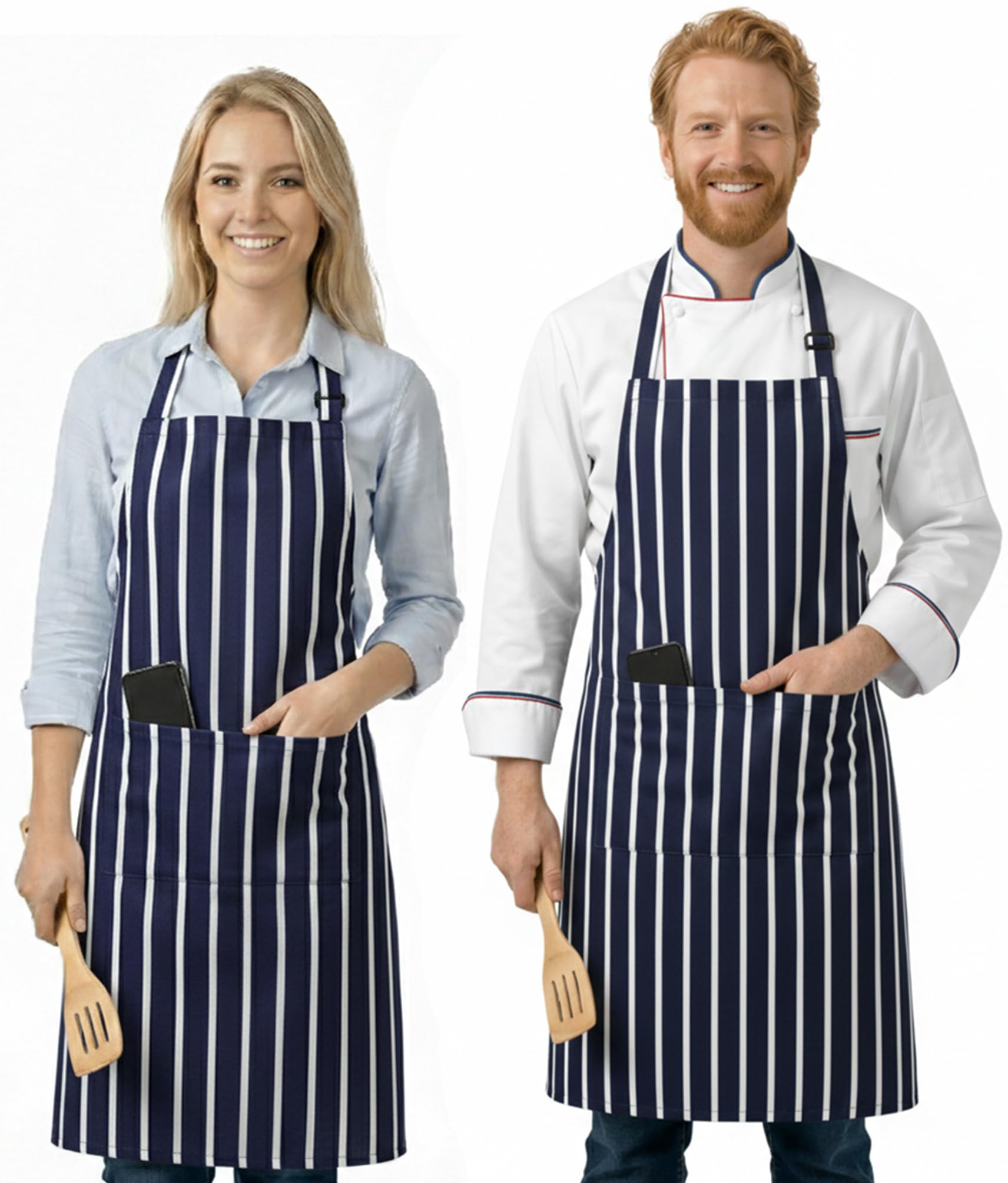 LivinEase Aprons for Women & Men, 2 Pack โ Adjustable Aprons with 2 Pockets, Kitchen Aprons for Cooking, Baking, BBQ, Gardening - Navy White