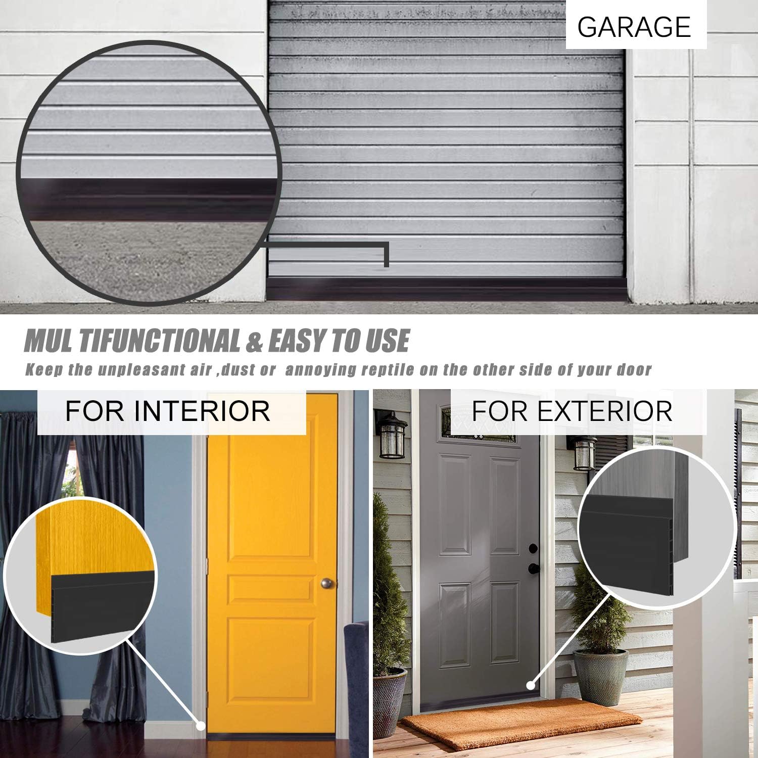 Upgraded Door Draft Stopper for Large Gap,Widened Door Sweep Seal Gap Up to 1-2/5" for Interior, Exterior and Garage Doors- Keeping Draft ,Dust, Noise, Unwanted Light and Pests Out, 3"W x 37"L,Black : Home & Kitchen