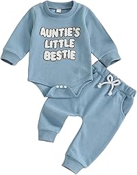 Loalirando Baby Jungen Sommer Outfit Kleidung Set Baumwolle Waffelstrick Aunties Little Bestie Langarm Oberteil + Hose Bekleidungssets für Baby-Jungen