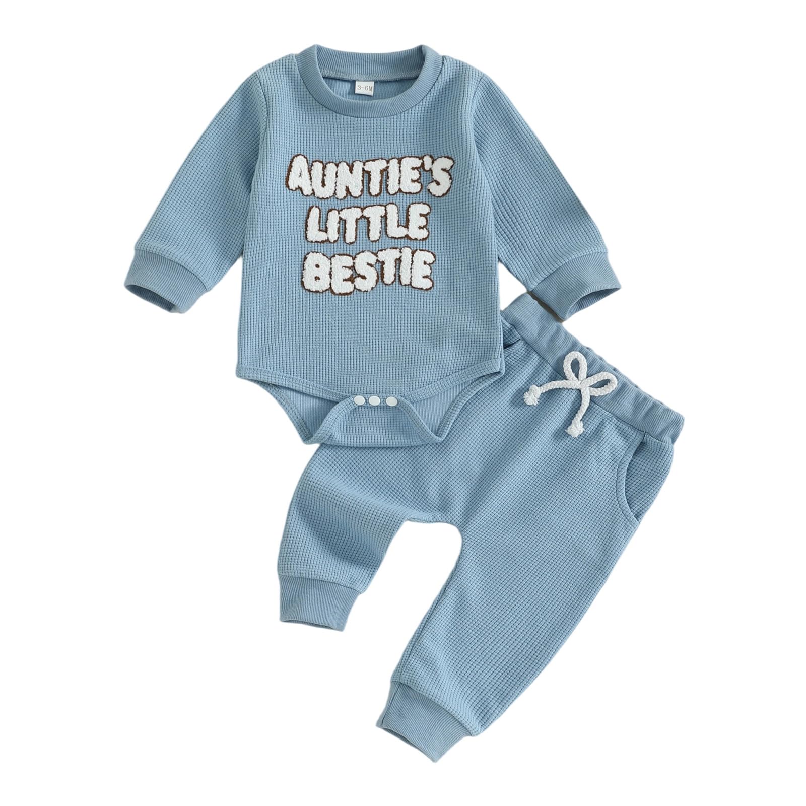 Loalirando Baby Jungen Sommer Outfit Kleidung Set Baumwolle Waffelstrick Aunties Little Bestie Langarm Oberteil + Hose Bekleidungssets für Baby-Jungen - 1
