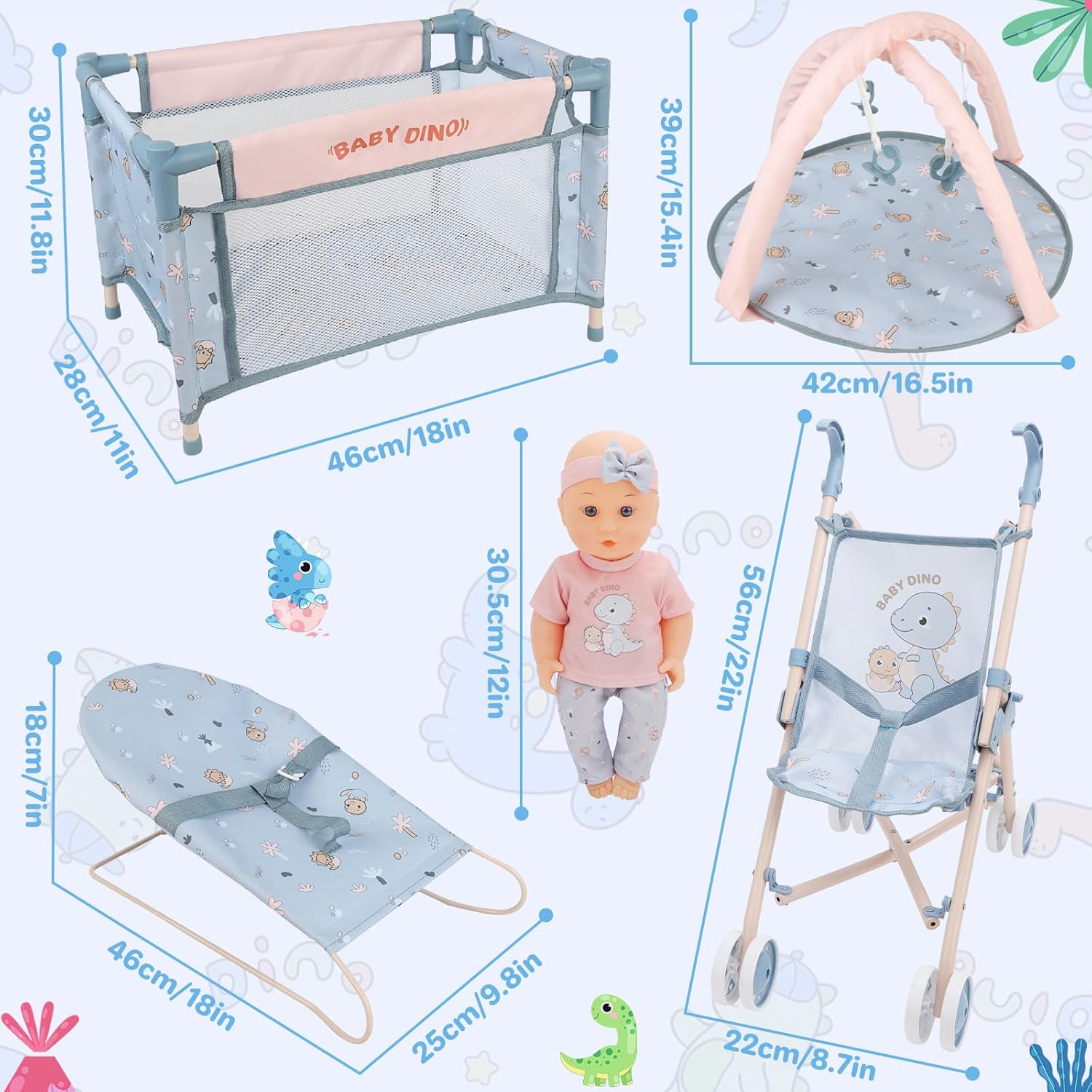 deAO Baby Doll Set,12 inch Doll Playset with Doll Stroller Crib Bed Nursery Role Play Set Accessories and Play Mat,Foldable Stroller and Travel Bag,Birthday Gifts for Girls