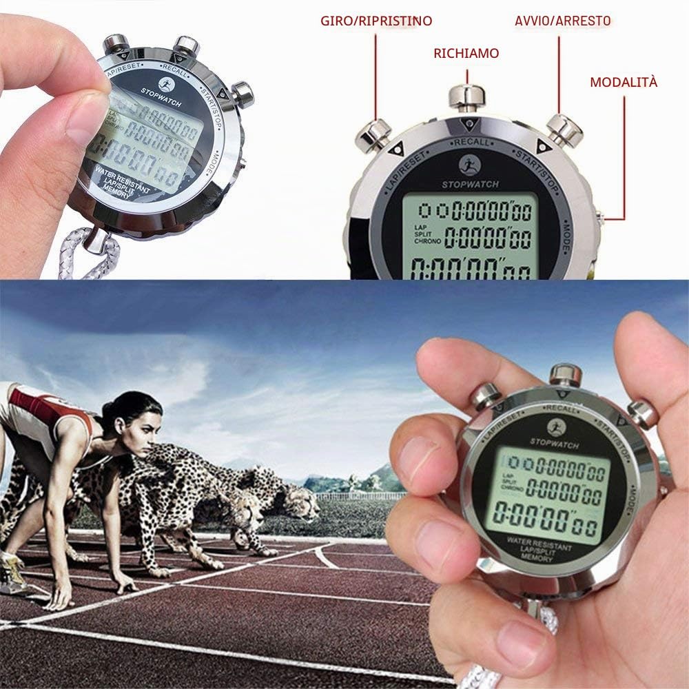 LAOPAO Metallo Cronometro Sportivo, 100 Memorie 1/100 Secondi Precision | Conto alla Rovescia/Metronomo/Sveglia/Ora/Data Funzione, Silenziosa Modalità, Impermeabilità, per Allenatori Arbitri Sportive