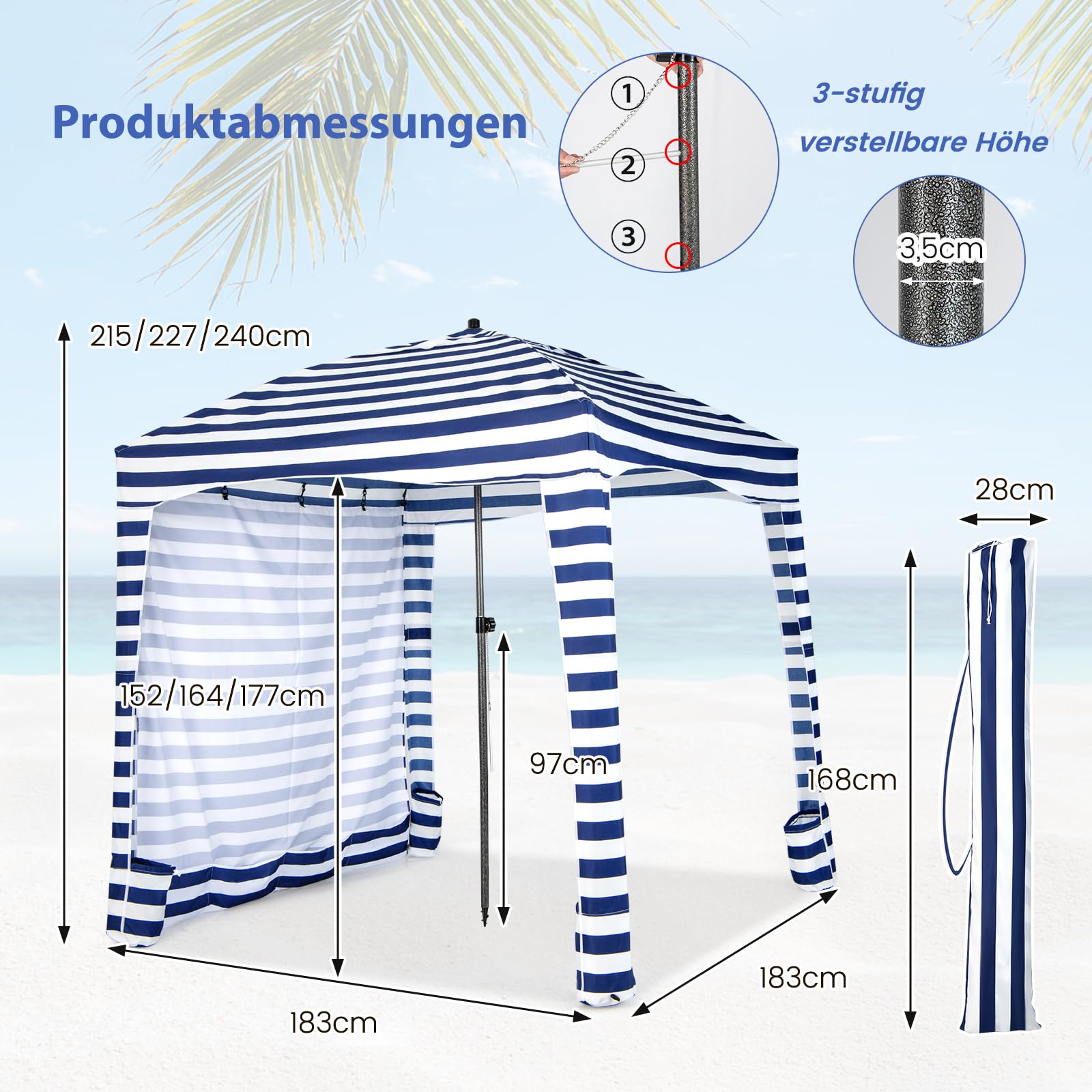 COSTWAY Ochrona przed słońcem ze zdejmowaną ścianką boczną i 8 workami na piasek, przenośny namiot plażowy z torbą do przenoszenia, do użytku na zewnątrz, na plażę, kemping, piknik, 183 x 183 cm