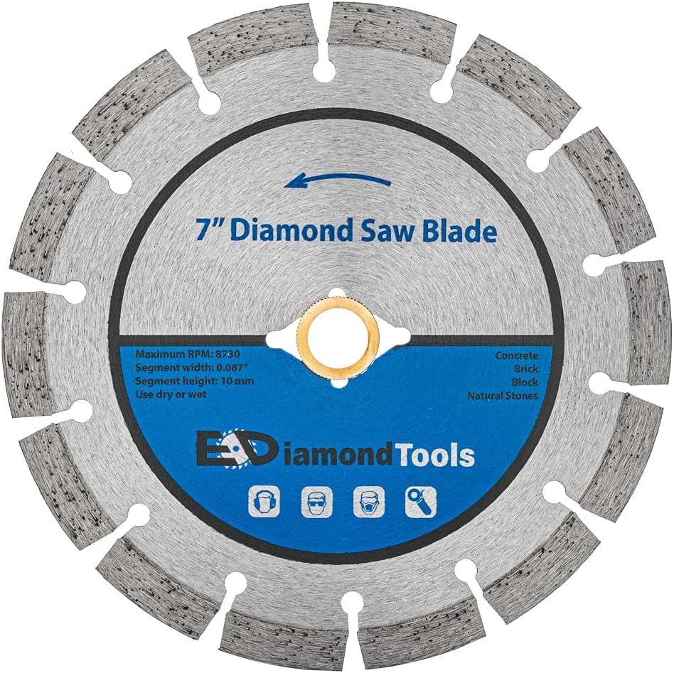 7" Segmented Diamond Saw Blade for Concrete, Brick, Block and Masonry, 10mm Segment Height, 7/8" Bushing w/Diamond Arbor