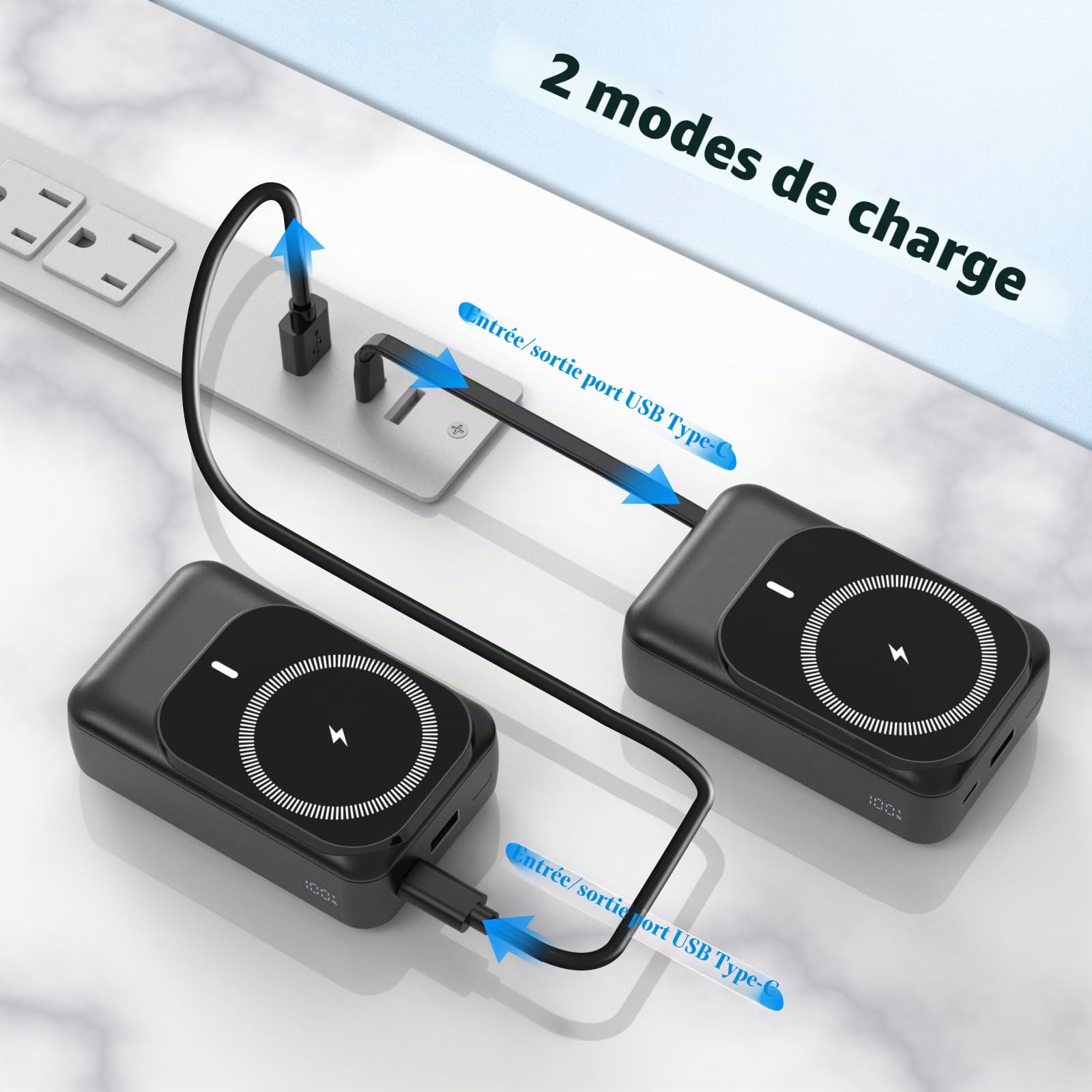 Batterie Externe magnétique 26800mAh avec 2 câbles intégrés, PD 22,5 W Charge Rapide, Portable sans Fil Power Bank Compatible avec iPhone Air 17/16/15/14/13/12 séries - Noir