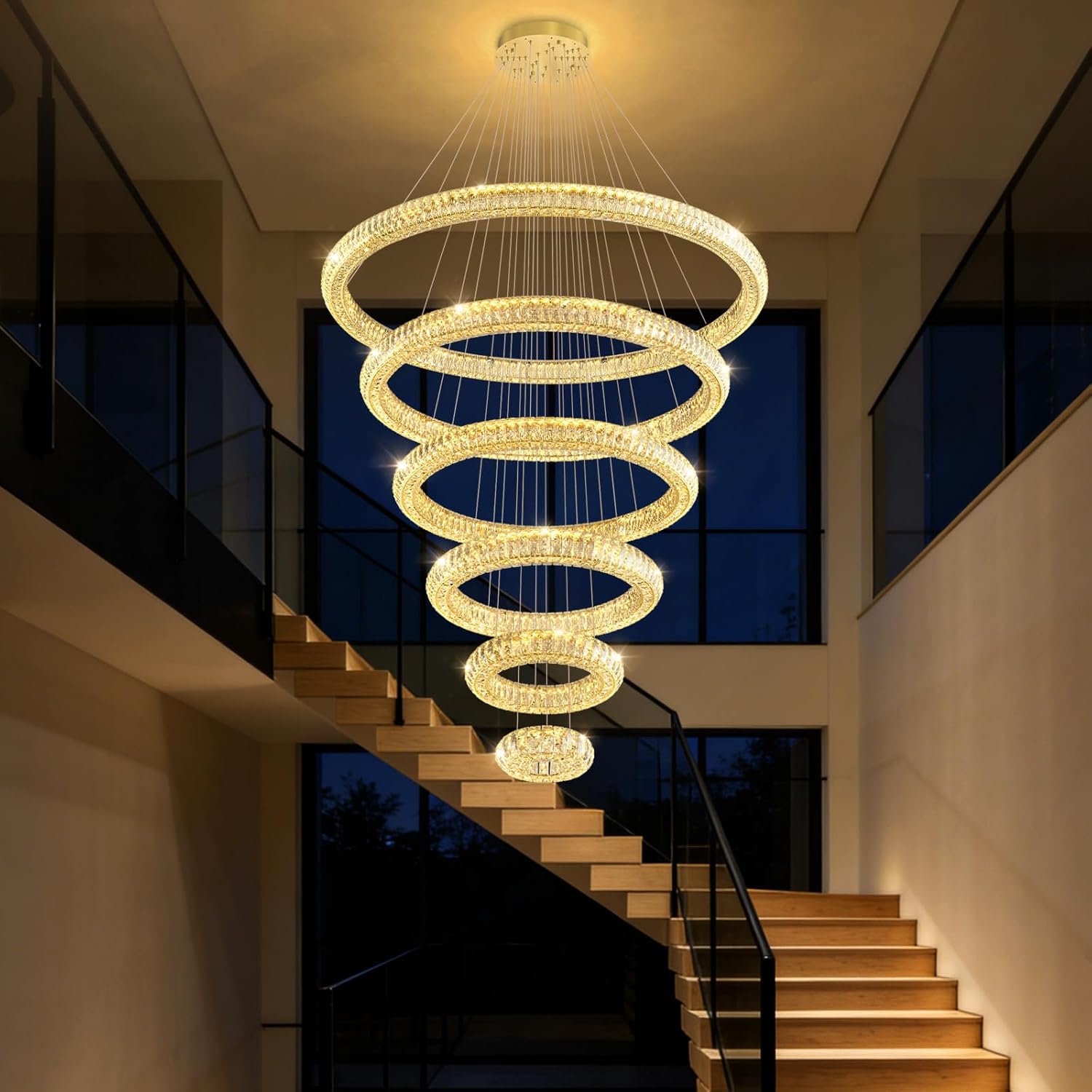 Large Crystal High Ceiling Chandeliers 6 Ring Modern Crystal Chandelier Dimmable for Staircase Enterway Long Stair Living Room Gold