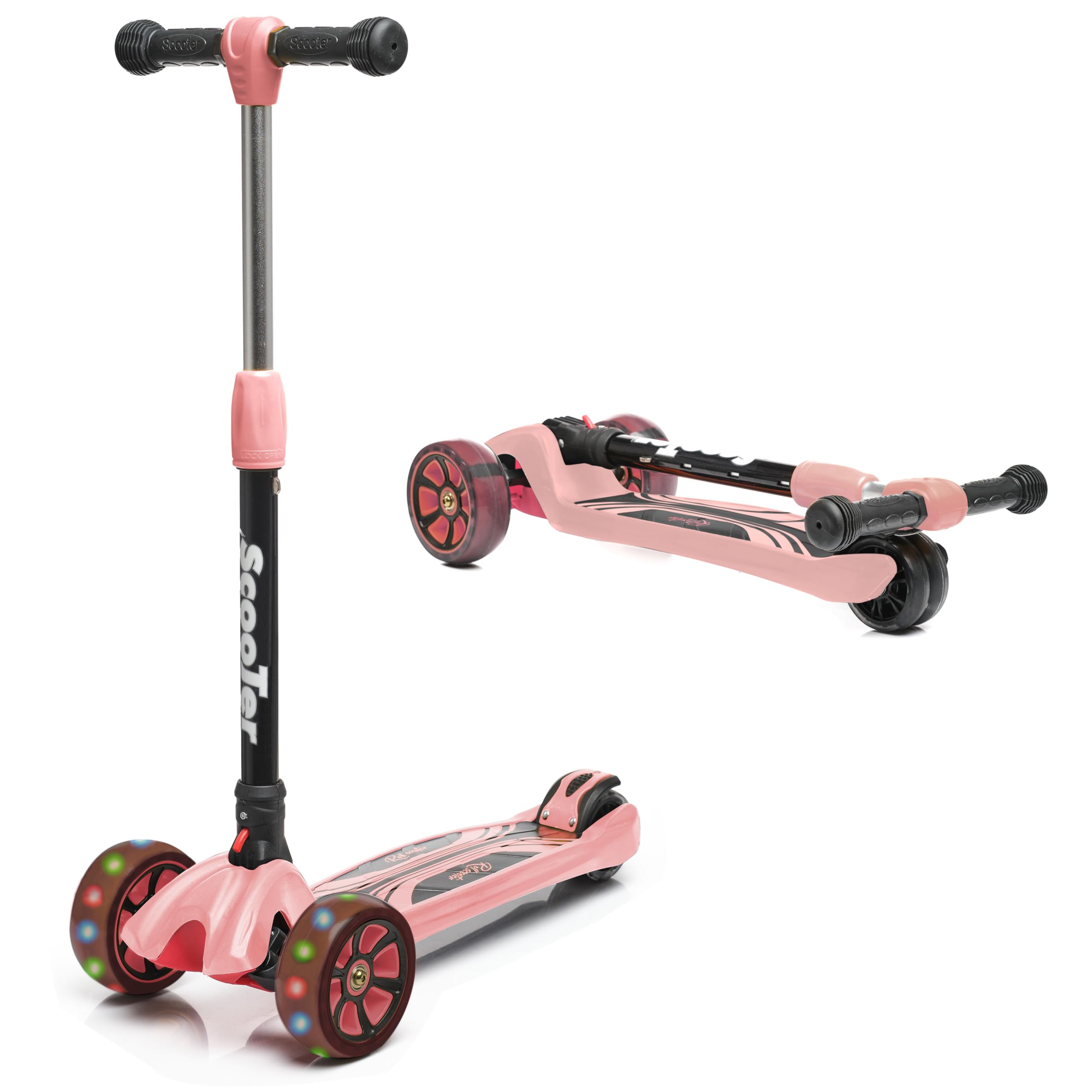 Patinete Infantil 3 Ruedas LED, Altura Ajustable 2-8 Años, Rosa, Plegable, Resistente hasta 50 kg