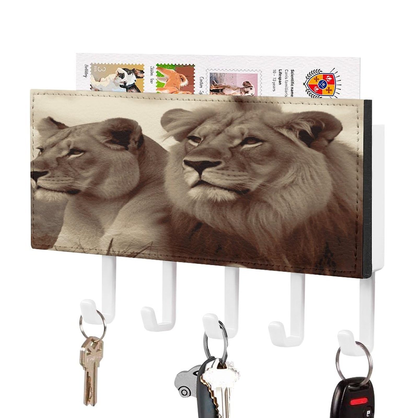 Vstadank White-Style African Lion And Lioness Key Holder For Wall Mount With 5 Hooks Decorative Key And Mail Holder Farmhouse Wall Hooks With Shelf Pu Leather Key Rack With Mail Holders For Entryway Home