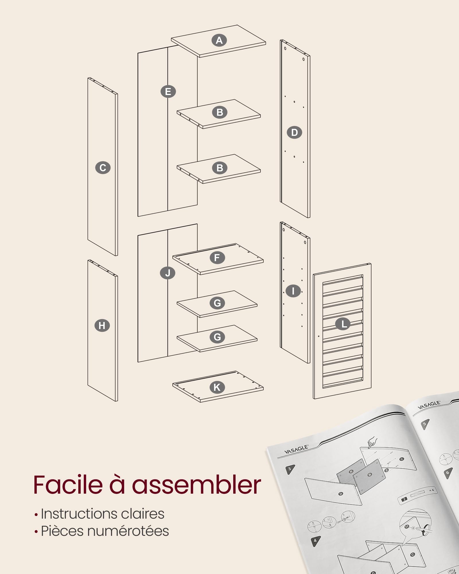 VASAGLE Meuble de Salle de Bain, Étagère de Rangement, Placard Haut, avec 3 Compartiments Ouverts et 2 Étagères Réglables, Salon, Entrée, Blanc Nuage BBK160W01