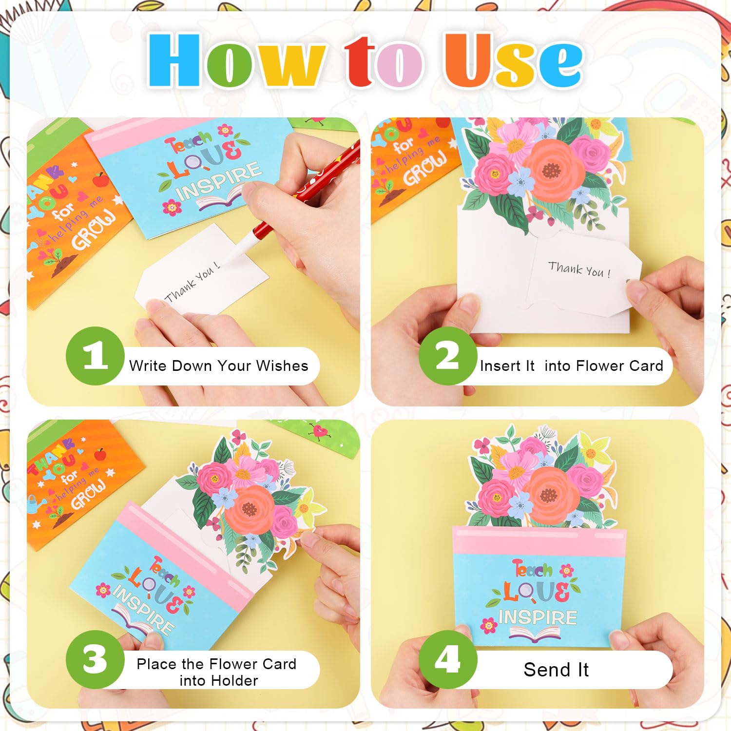 CCINEE 24pcs Teacher Appreciations Gift Cards Holder Bulk, Handmade Flower Money Greeting Card Sleeves for End of School Graduation Thank You Teacher Staff Gift