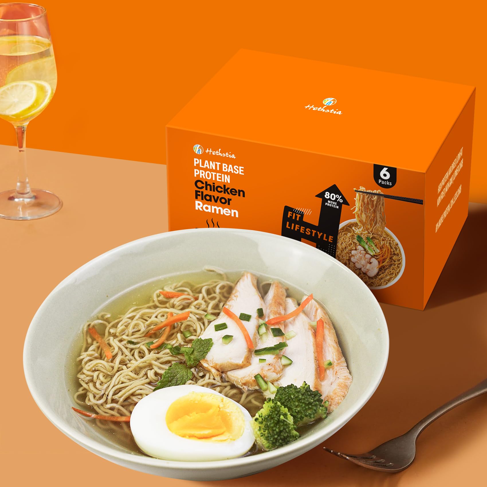 Hethstia Protein Ramen Chicken Flavor, 6-Pack Chicken Broth Instant High-Protein Noodle Soup, 32g Plant-Based Protein Quick Pre-Packaged Meal, Non Fried, Low Fat, Vegan, Non-GMO