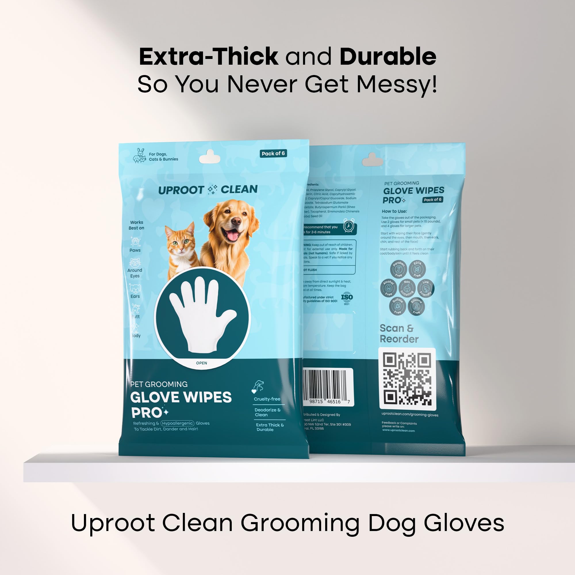 Uproot Clean Dog Cleaning Gloves: 1 Month Supply - Extra-Thick Pet Glove Wipes for Dogs & Cats - Easy Wipe Paws, Eyes, Ears, Butt, & Body - Lick-Safe - Cleaning, Deodorizing & Grooming (6 Pack)