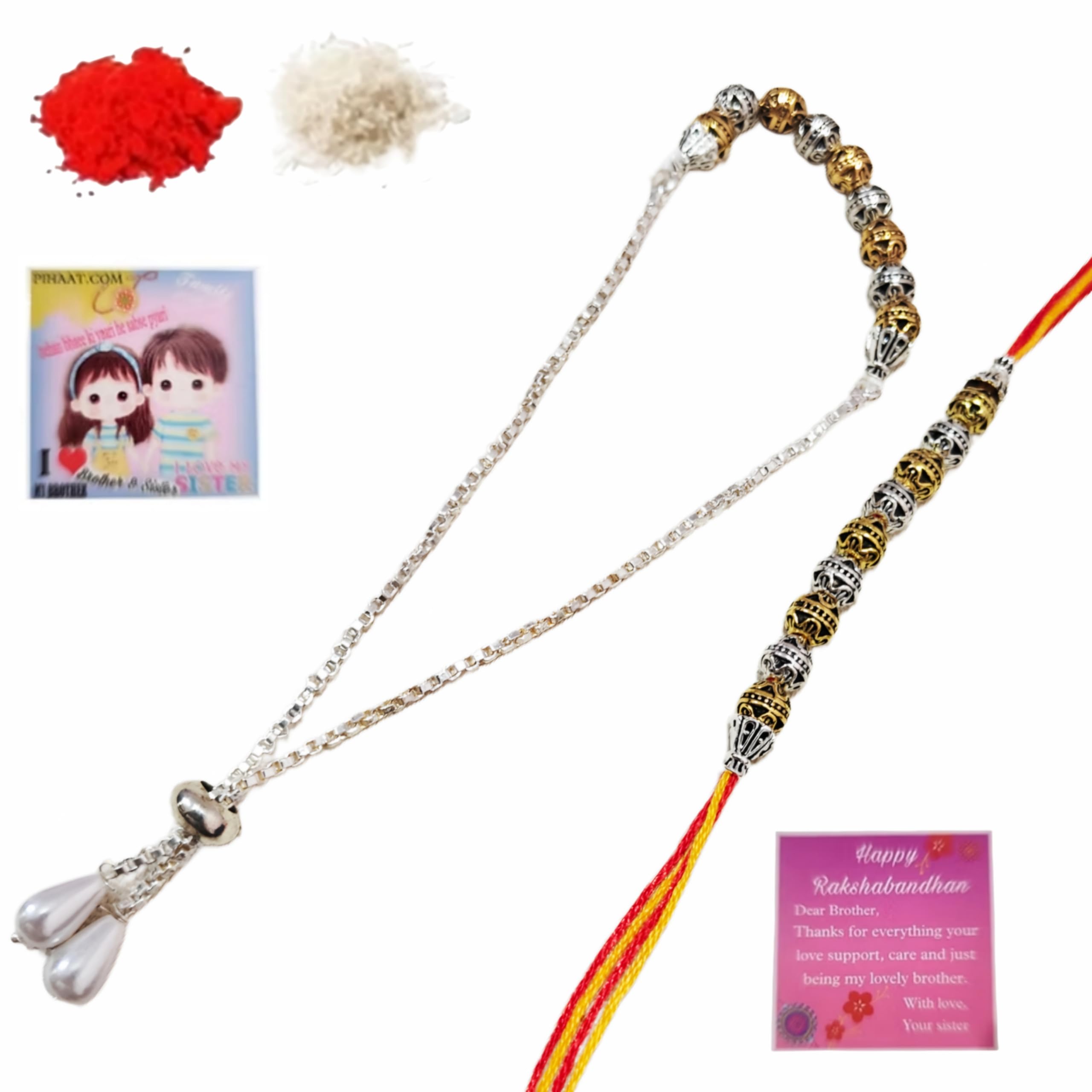 Designer Elegant Round Metal Charm Dual Tone Wristband Bracelet Rakhi Lumba Couple Set Couple Combo Roli Chawal Fridge Magnet Greeting Card Rakshabandhan Rakshasutra Brother Bhaee Bhai Bhaiya-image-15