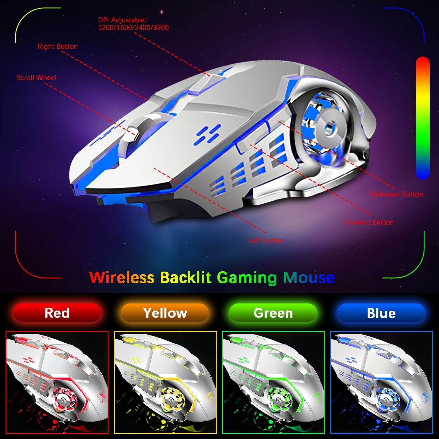 Bezprzewodowa klawiatura do gier z mechanicznym podświetleniem RGB, akumulator 5000 mAh z wyjmowaną podkładką pod rękę + 7 kolorów mysz do gier LED dla pisarzy/graczy (biała)