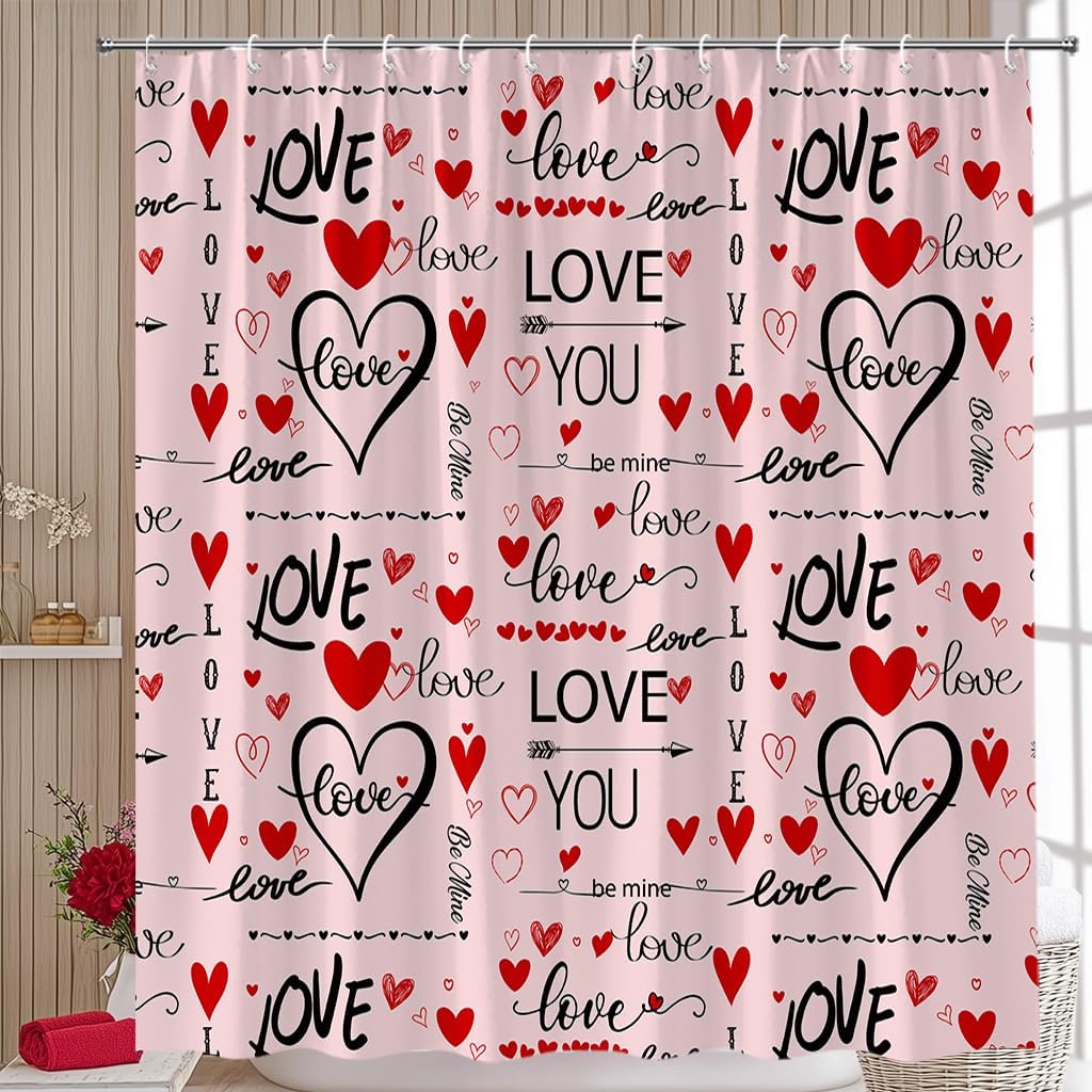 Valentine Shower Curtain Black Red Pink Hearts Romantic Love Cute Pretty Girly Watercolor Design Women Fabric Bathroom Curtain Decor Bath Set with Hooks(108" Wx70 H)