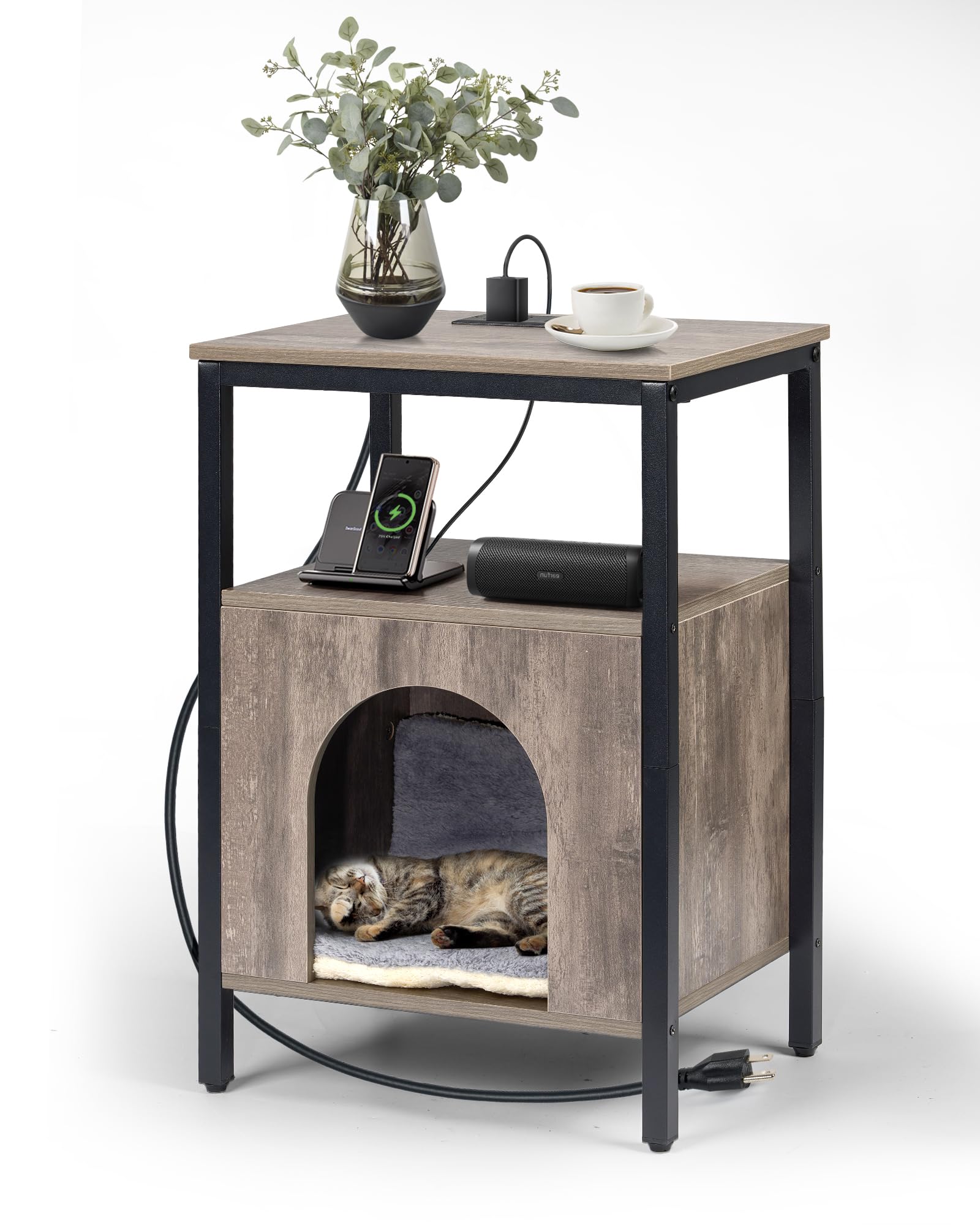 Cat End Table with Charging Station, Indoor Cat House Side Table with Bed, Cat Cave Hideaway Night Stand, Greige