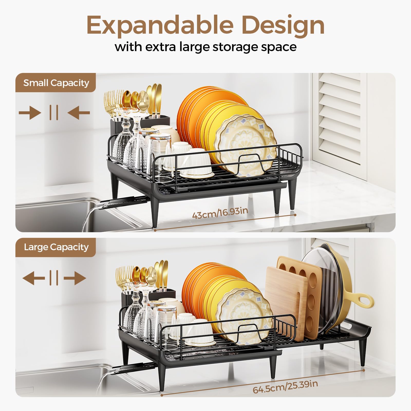 kingrack Égouttoir à Vaisselle Extensible - Égouttoir à Vaisselle Pliable pour compteurs de Cuisine - en Acier Inoxydable - avec Porte-Couverts - Noir