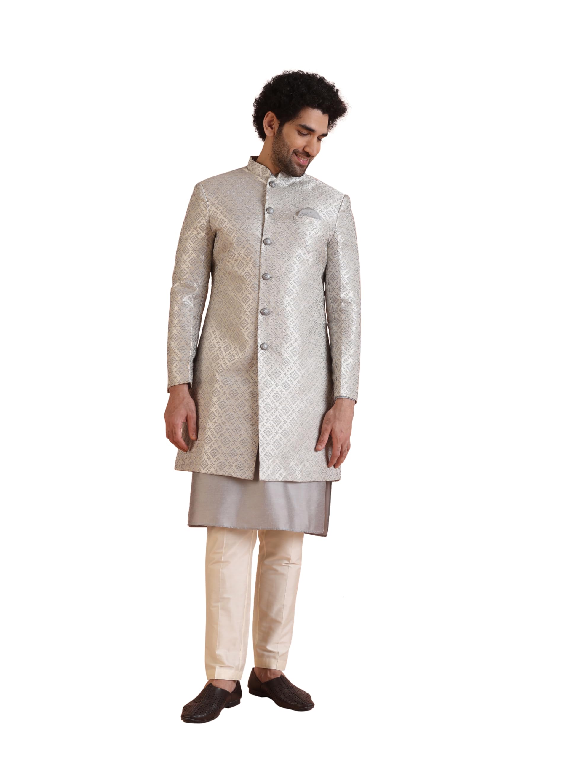 Kisah Men's Kurta Indo-Western Sherwani Trouser Set, Grey Silk Blend, Jacquard Regular Fit Mandarin Collar Long Sleeves (40)