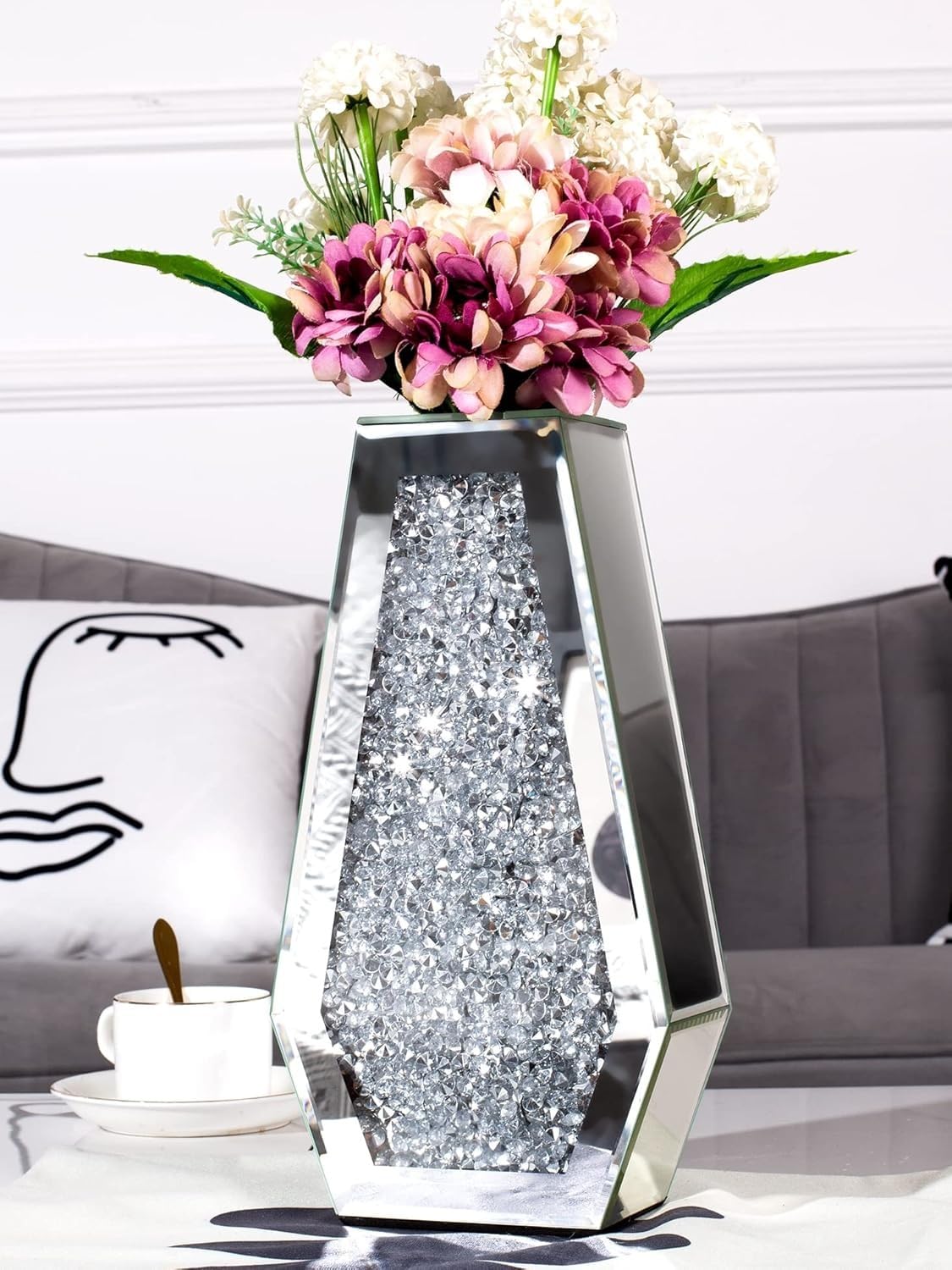 Crystal Mirror Vase with Silver Bling, 70 cm Tall, Decorative Centrepiece for Home
