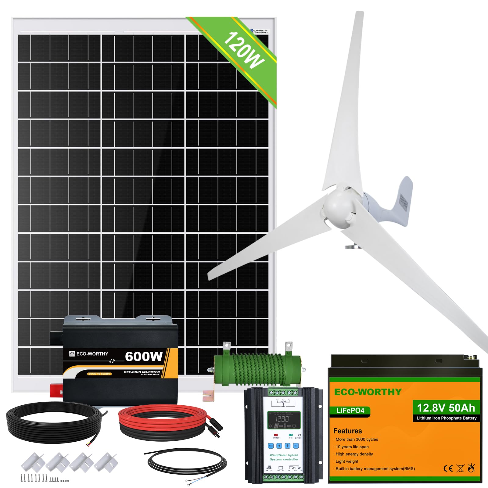 ECO-WORTHY520W Solar Wind Complete Power System 12V Off-Grid Kit for Home Energy Backup:400W Wind Turbine Generator + 120W Mono Solar Panel + 600W Pure Sine Inverter+ 50Ah Lithium Battery…