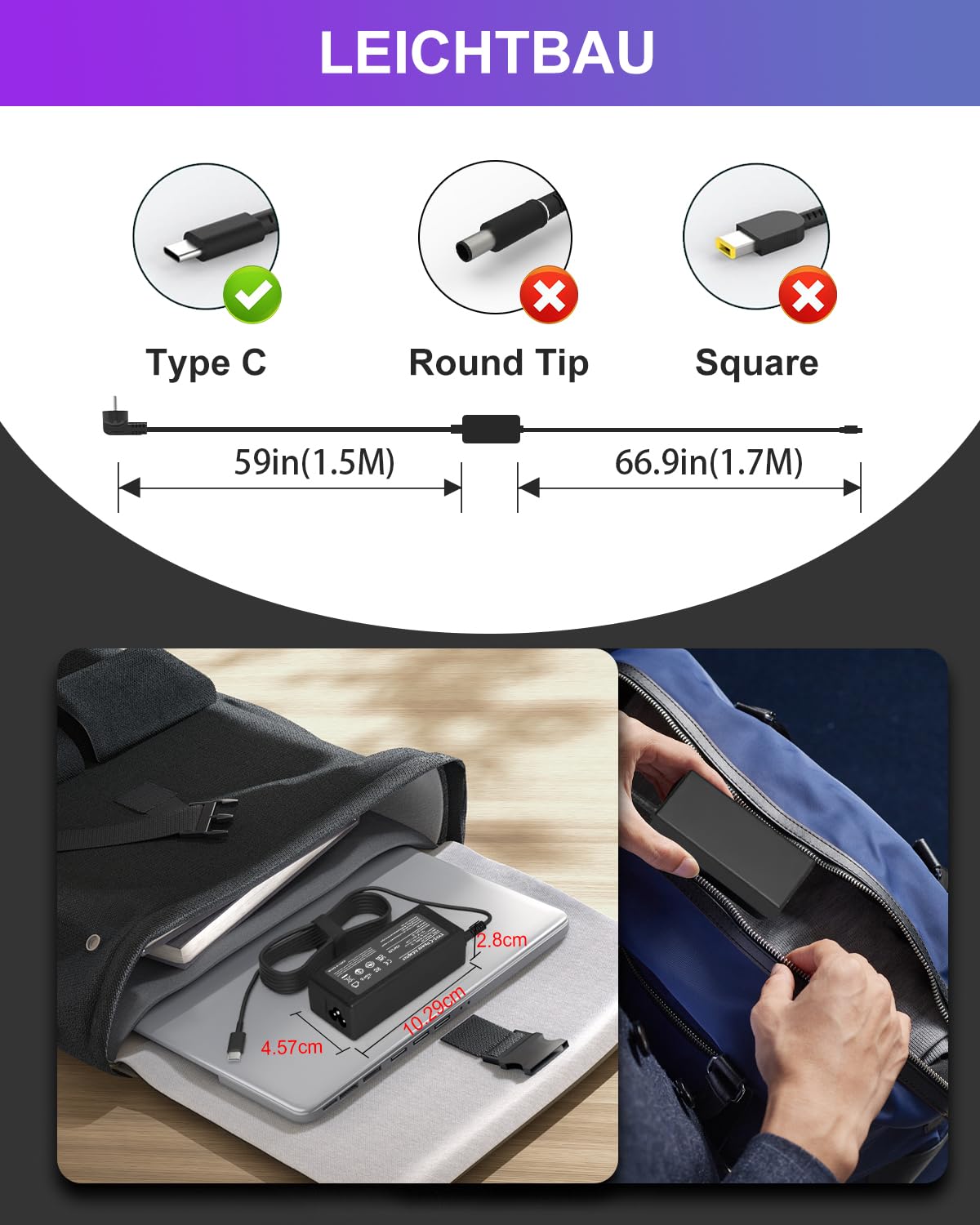 65W kabel ładujący USB C do laptopów Lenovo ThinkPad (T14/X1 Carbon), HP Spectr/EliteBook, Dell Latitude, Acer, Asus, Huawei, Samsung, Surface, MacBook, LG, Chromebook 45W ładowarka Type C