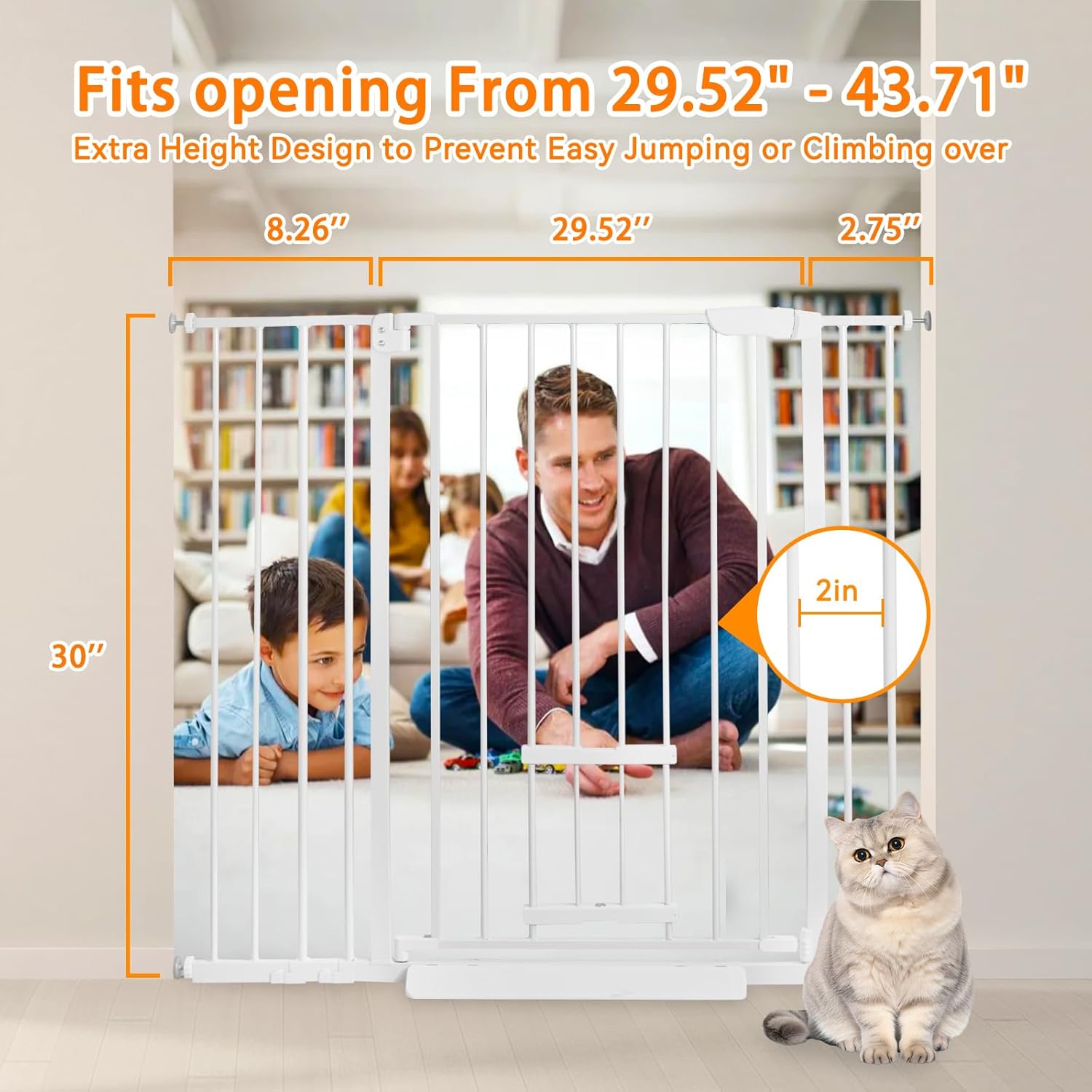 30 Inch Tall Baby Gate with Small Cat Door, Adjustable Auto Close Dog Gate Easy Walk Thru Pet Door for Stairs, Doorway, House (White, 29.52"-35.43")