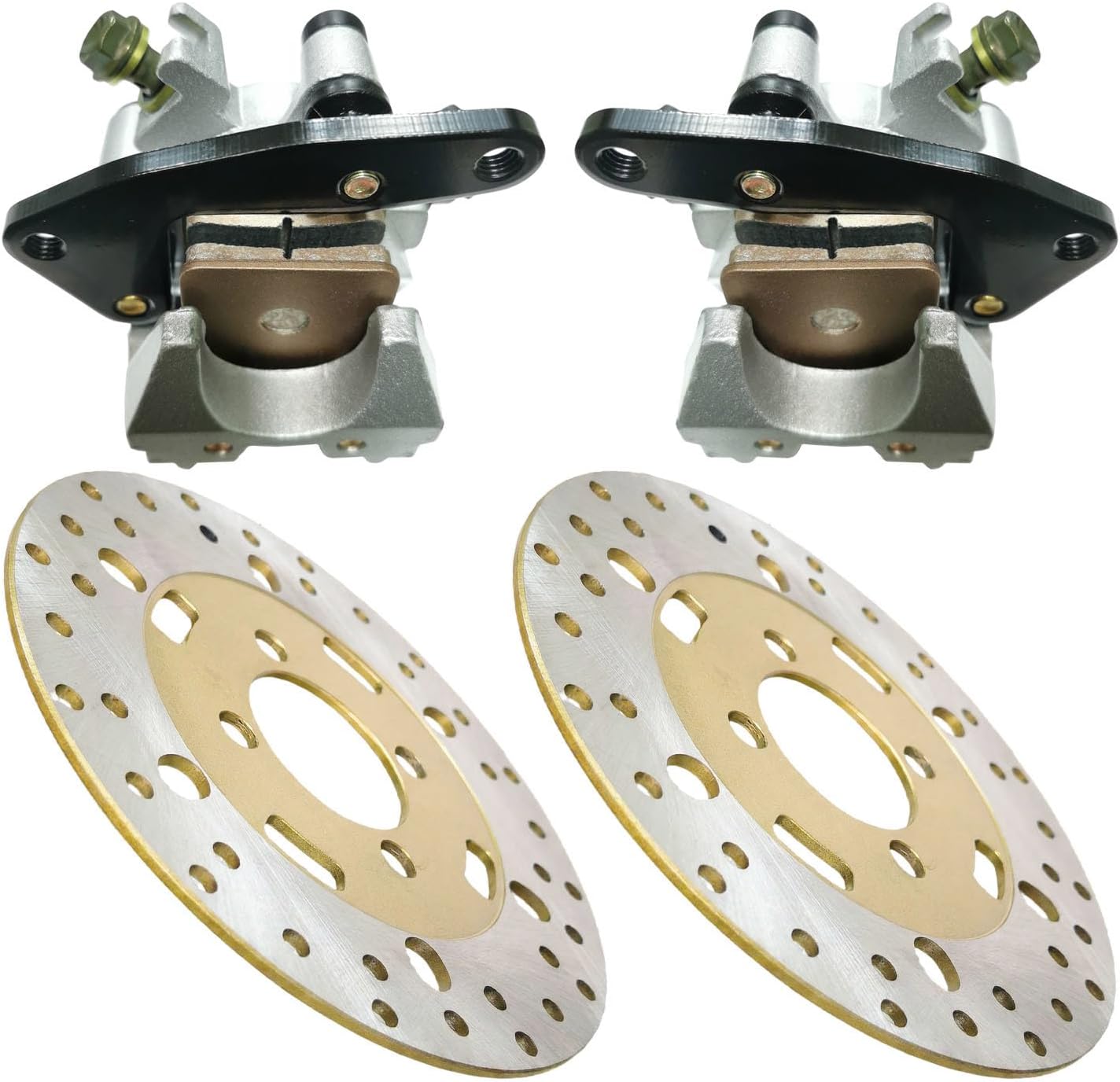Front Left Right Brake Calipers & 2 Pack Front Brake Rotors Set Compatible with Yamaha Banshee YFZ350 Big Bear Grizzly Kodiak Wolverine YFM 125 660 OE # 3GD-2580T-01-00 4KB-2582T-00-00