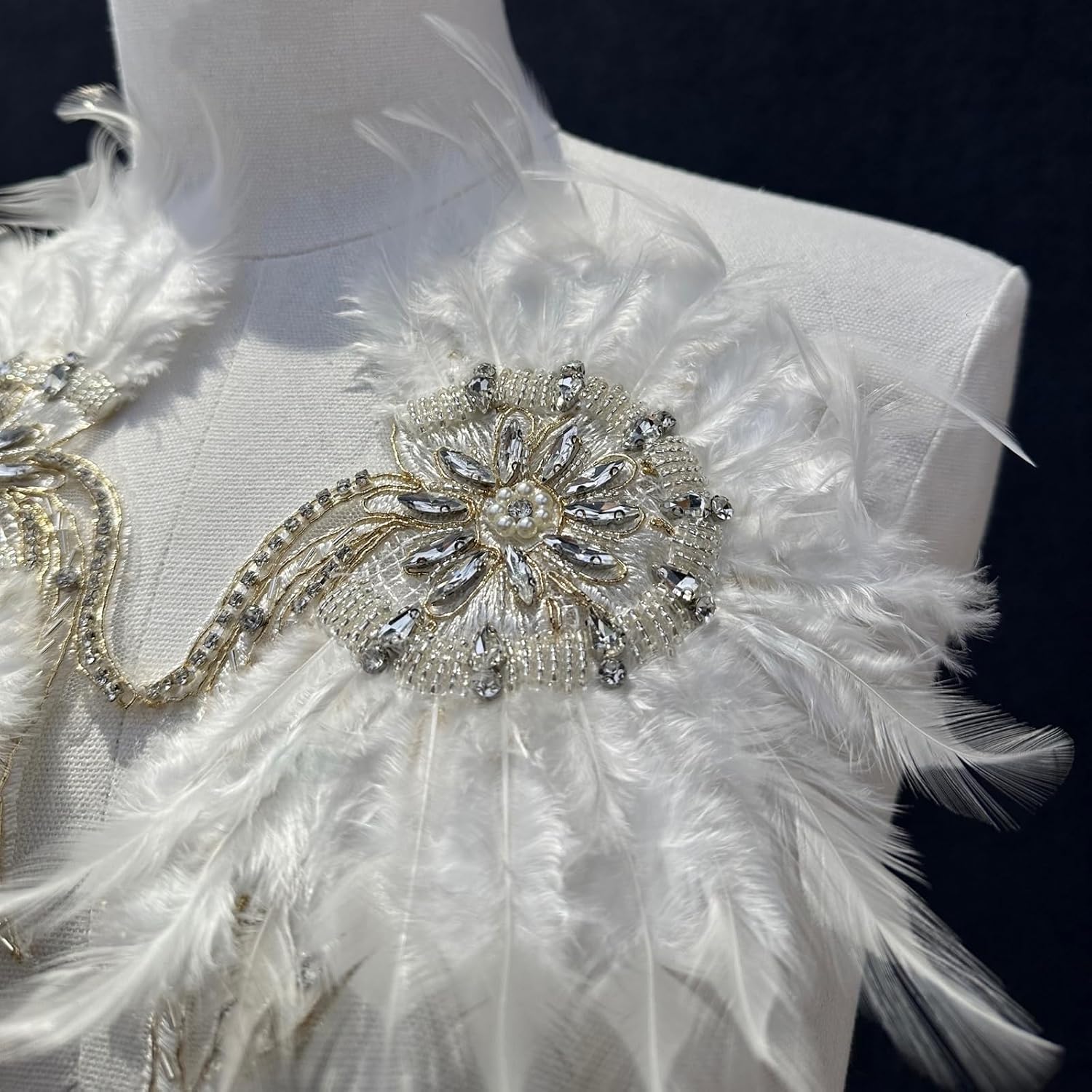 1 Pair Feather Rhinestone Applique, White Rhinestone Applique for Dress, Wedding Dress, Costume Decoration Accessory Patch. (Feather Applique-White)