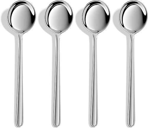 Soup Spoons,Forged 18/10 Stainless Steel Round Bouillon Spoons with Long Handles,Set of 4,Heavy Duty and Dishwasher Safe
