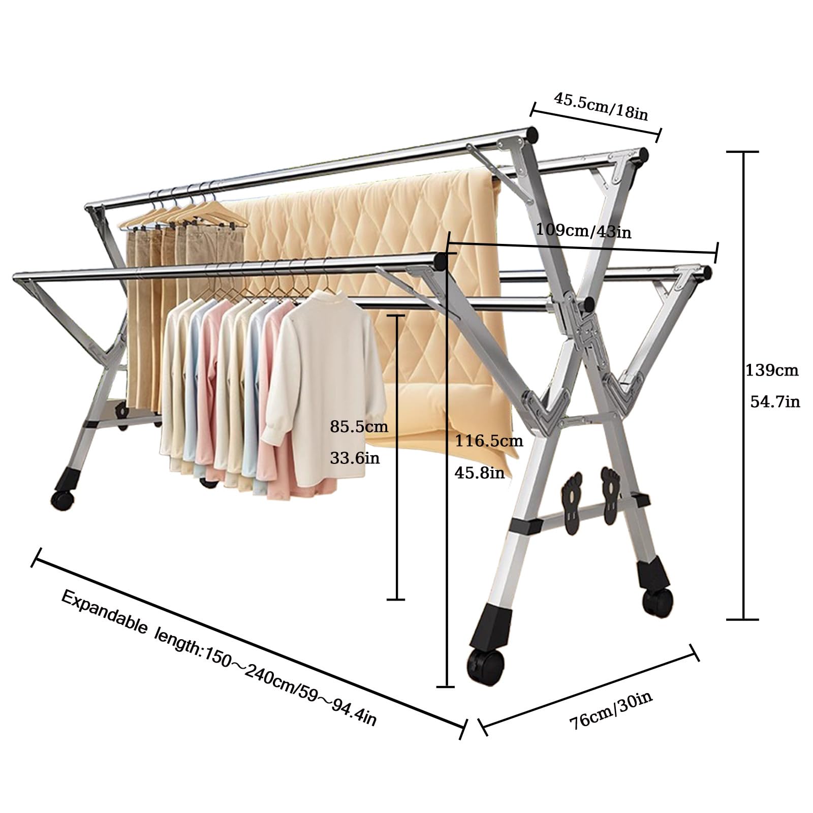 Tendedero Extensible, Tendedero Plegable de Acero Inoxidable,Grande Secadora Pplegable con Ruedas,Tendedero Exterior e Interior 20 Ganchos 12 Clips,150-240cm