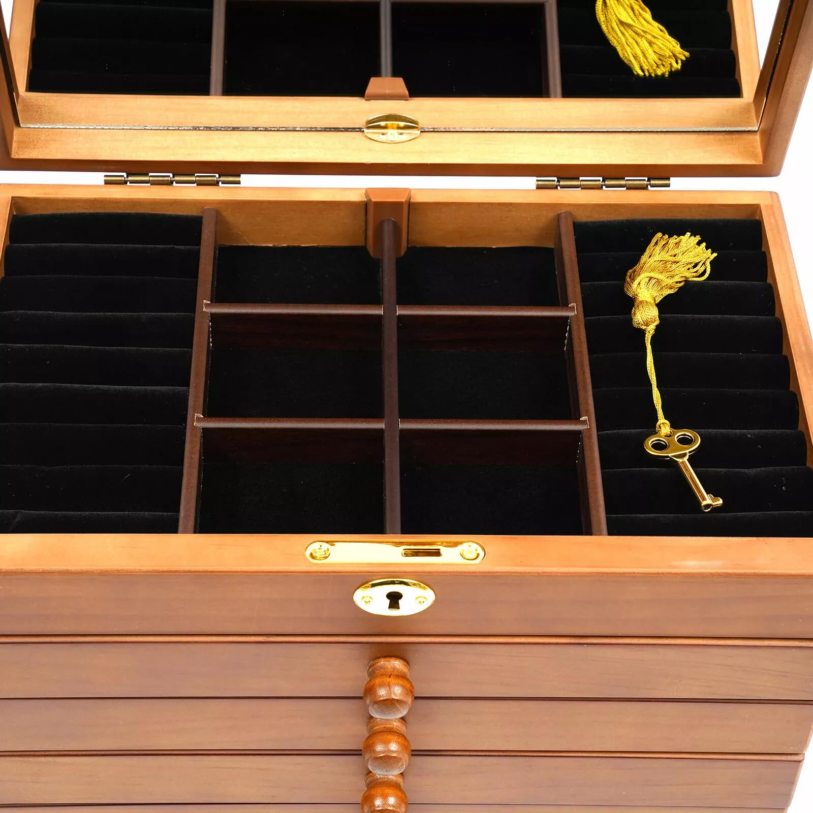 Joyero de madera con espejo, 6 capas, caja de joyas, cajones, extraíbles, para joyas, collares, anillos, caja de almacenamiento, estilo vintage