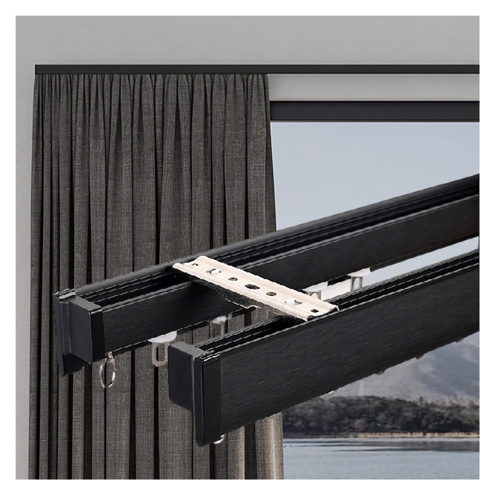 Black Window Cornice Valance Box, Extra Long Blackout Cornice Boards for Windows, Wall/Ceiling Mount Aluminum Alloy Curtain Pelmet Rails(Double-Ceiling Mount,84in/213.4cm)
