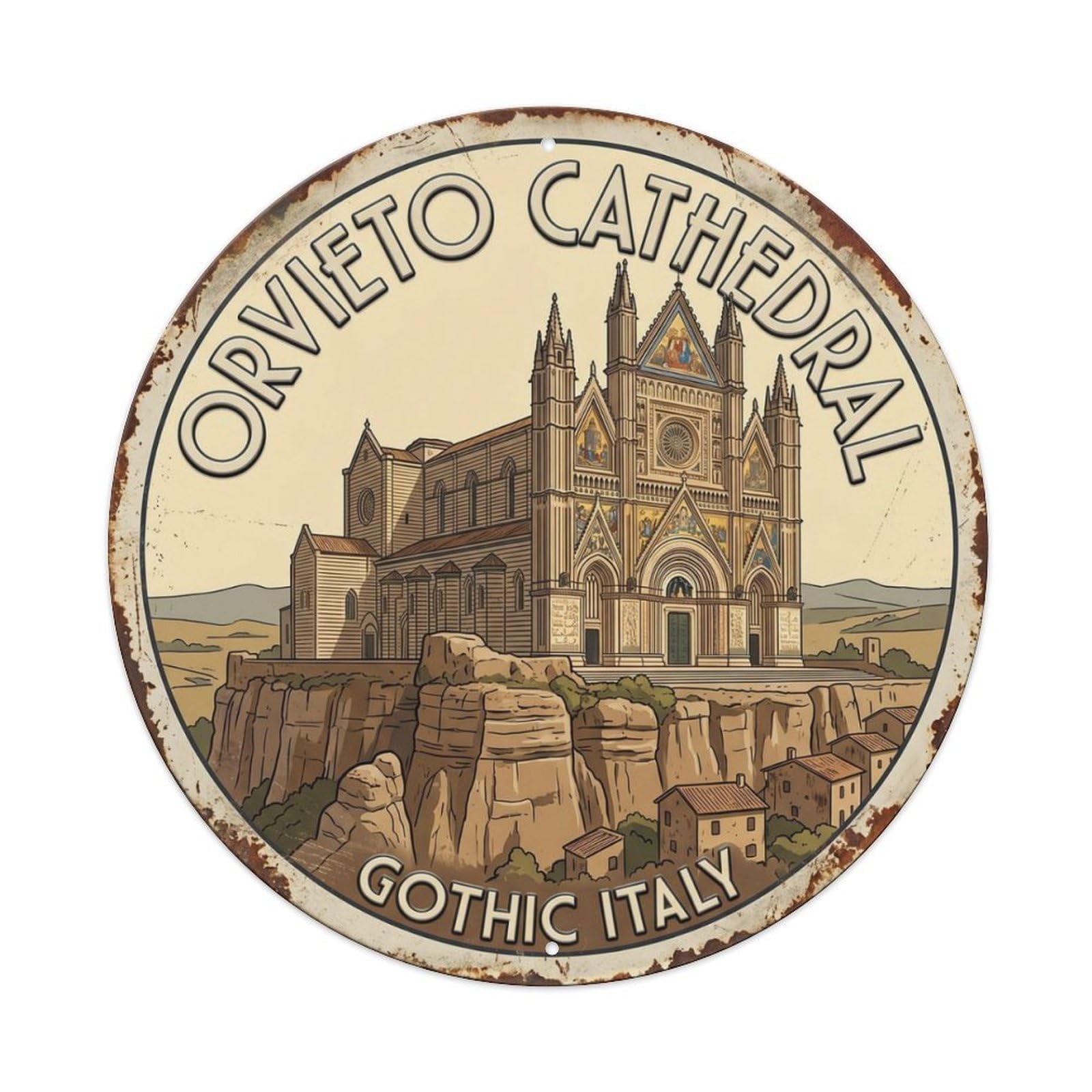 Orvieto Cathedral Gothic Italy Hilltop Metal Tin Sign Plaque Wall Decor for Cafe, Club Bar, Office, Home Garden Round Metal Poster 8x8Inch