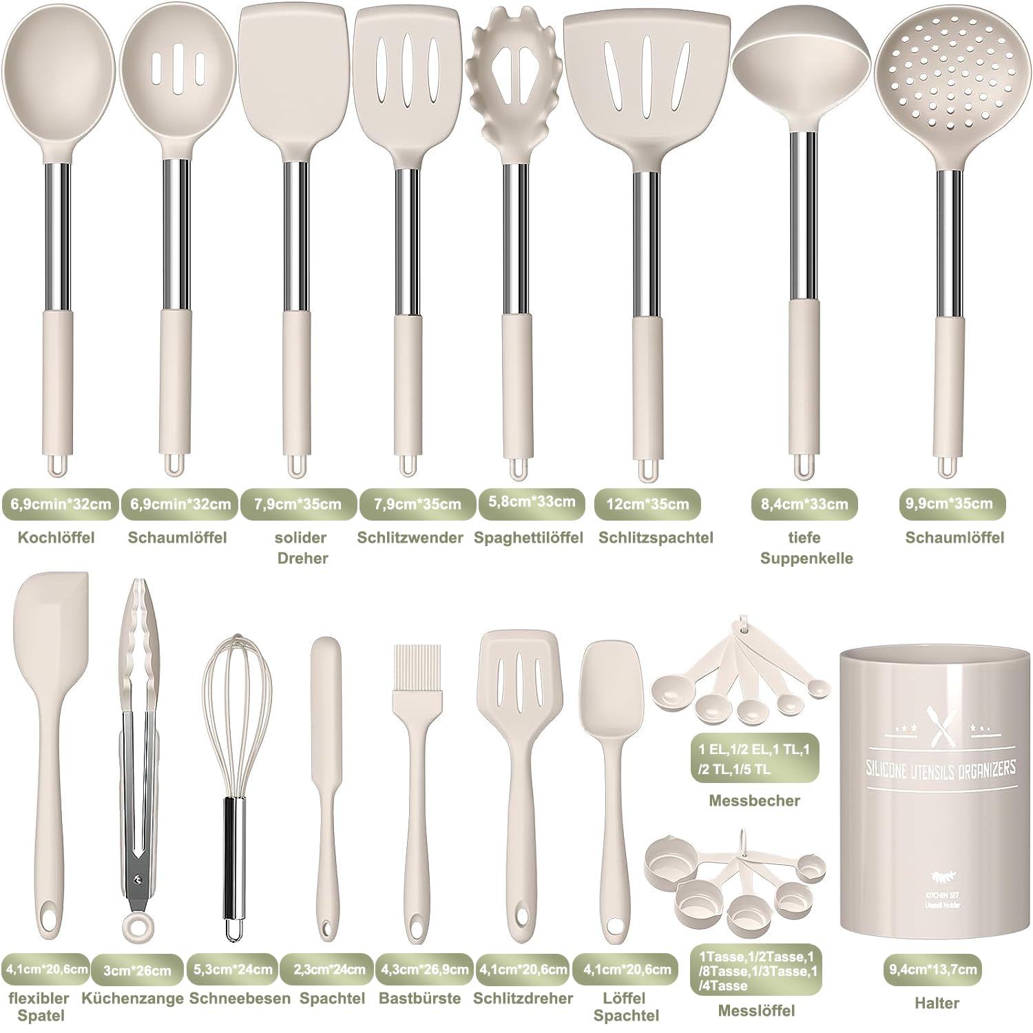 Lot de 26 ustensiles de cuisine en silicone résistants à la chaleur avec porte-ustensiles, anti-adhésif, avec poignée en acier inoxydable, passe au lave-vaisselle, kaki