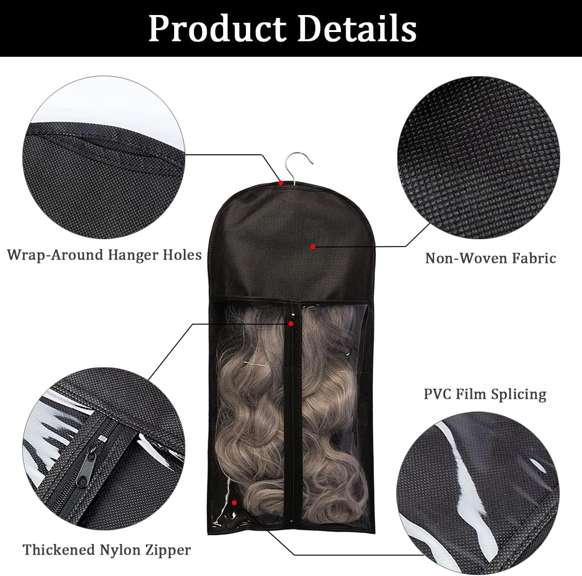 Qavctw 5PCS Hair Extension Holder Wig Storage Bag Hairpieces Storage Holder for Multiple Wigs & Accessories Dust-proof Storage Organizer with Hook Hair Extensions