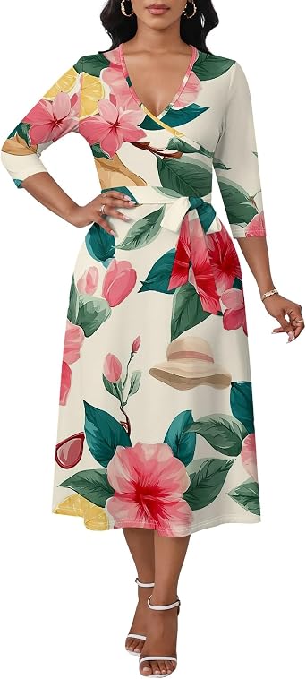 Womens Formal V Neck 3/4 Sleeve Knee Length Midi Dress Curvy Flared Flowy A Line Empire Waist Dresses with Belt