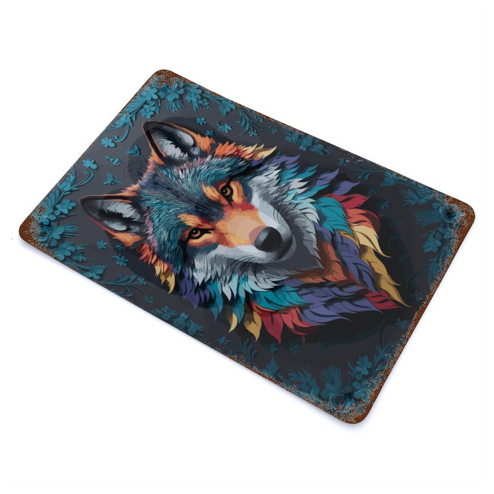 Wolf Face Weathered Tin Sign 11.8"x7.9", Rustic Home Decor for Office, Studio And Wall Decor