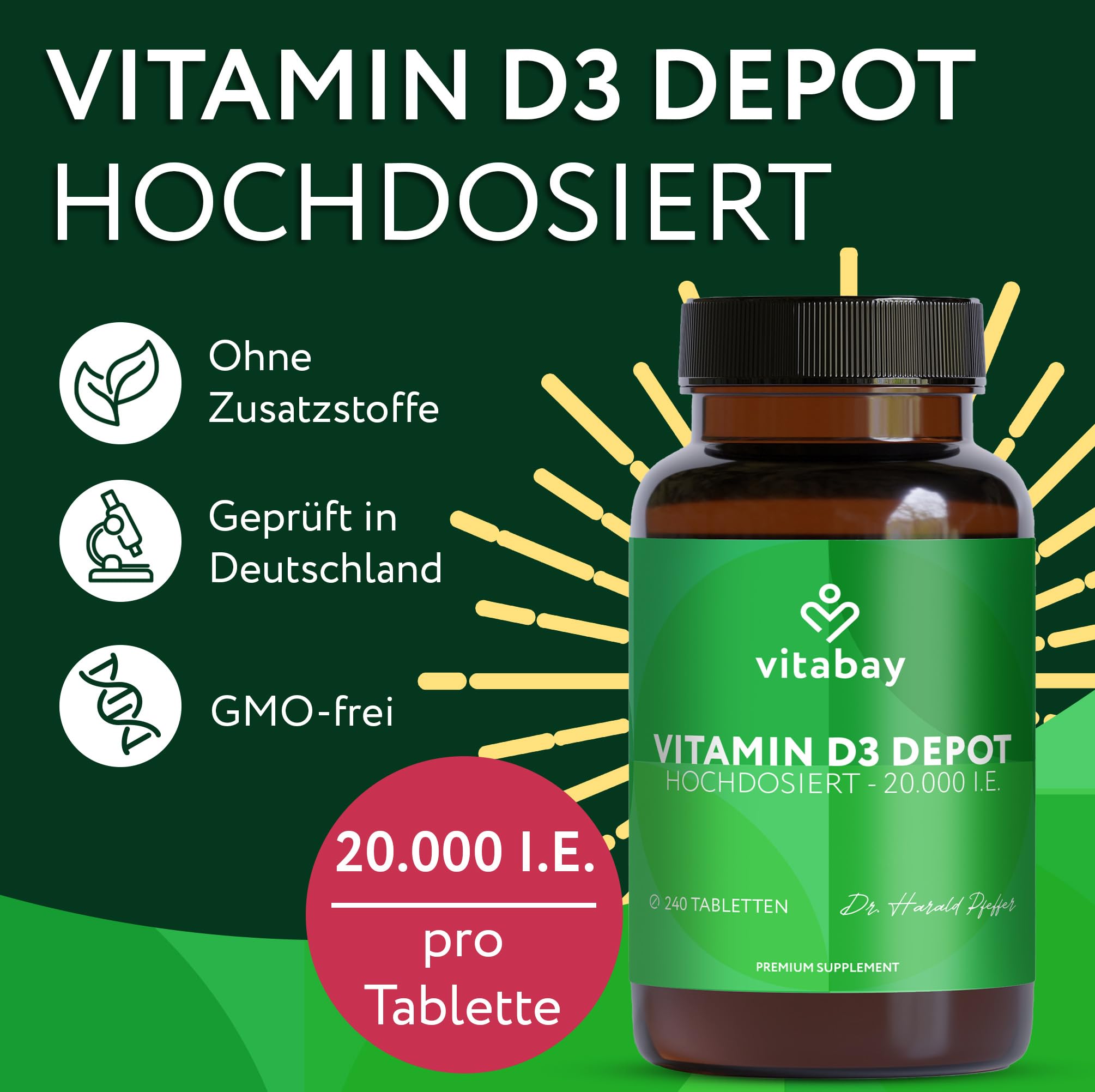 Vitabay Vitamin D3 Depot 20.000 I.E. – 720 vegane Tabletten – Hochdosiert | ohne unerwünschte Zusätze – Trägt zur Unterstützung des Immunsystems und zur Erhaltung normaler Knochen bei