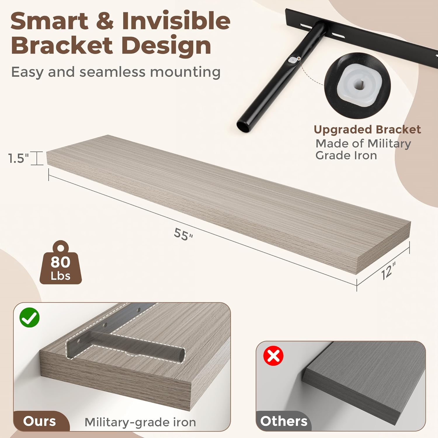 Fun Memories 55 Inch Fireplace Mantel Shelf, 12 Inch Deep Shelves for Display & Wall Storage, Rustic Wood Wall Shelf, Extra Long Floating Shelves for Bathroom Bedroom Living Room, Grey, 2 Pack