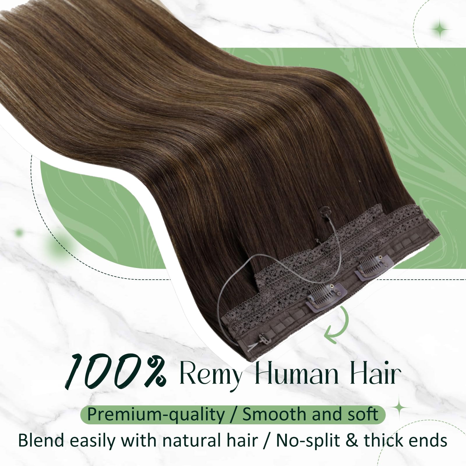 RUNATURE Wire Hair Extensions Human Hair Balayage Brown Wire Hair Extensions Remy Ombre One Piece Extensions Real Hair Straight 20 Inch 100 Gram - Image 2