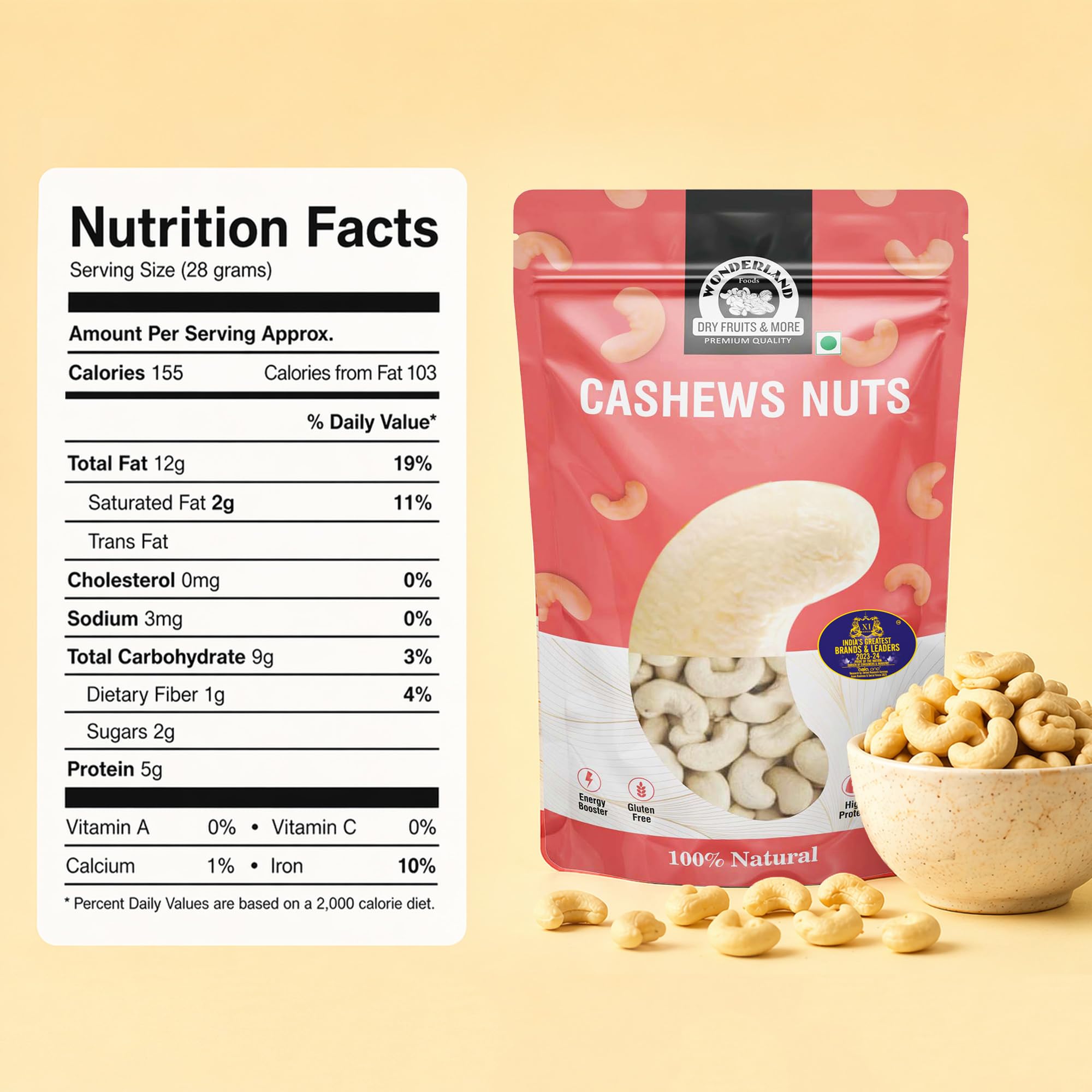 Wonderland Foods 400g Whole Raw Cashew (Kaju) W320-Grade Pouch